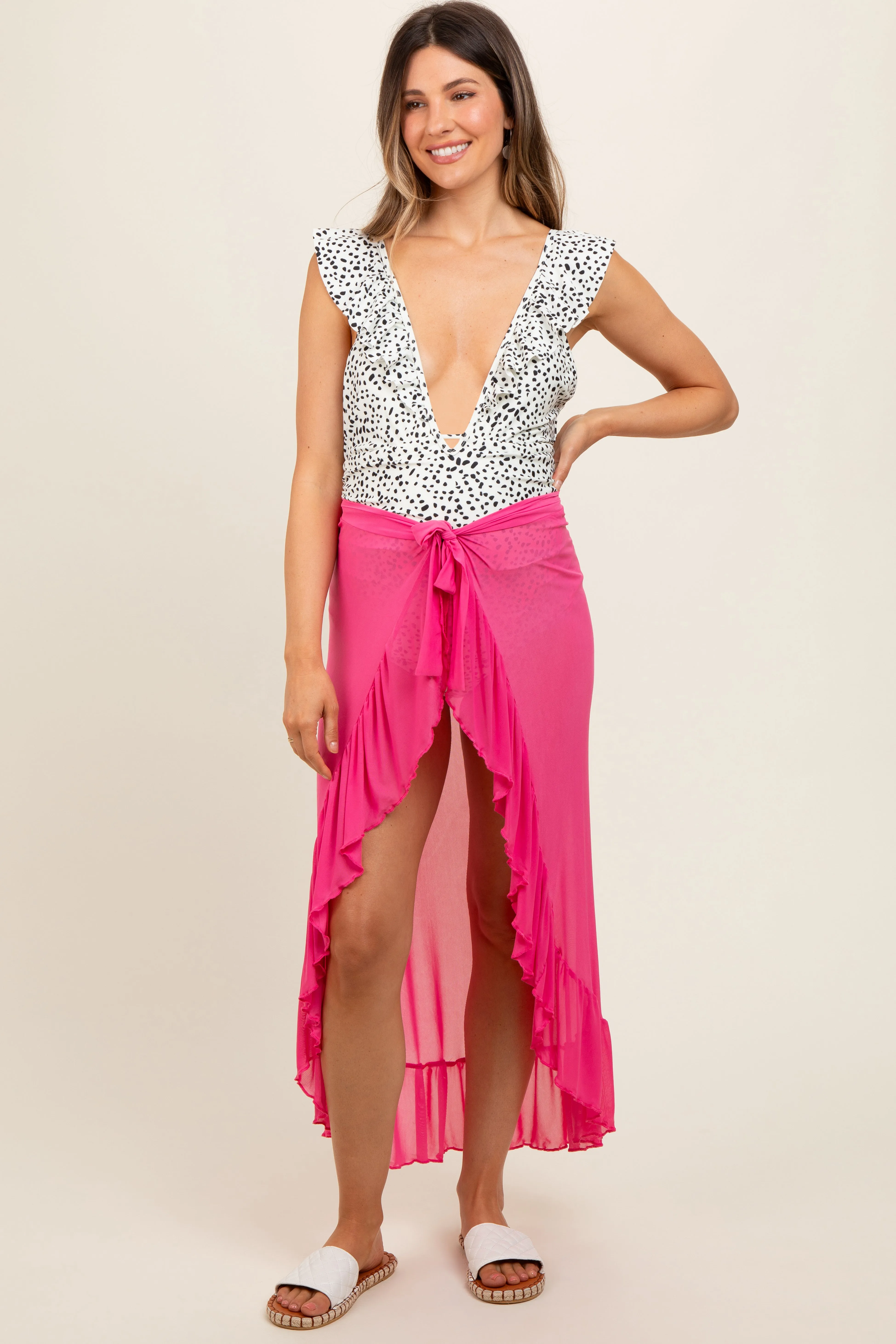 Pink Sheer Ruffle Accent Maternity Cover Up sold by Pinkblush