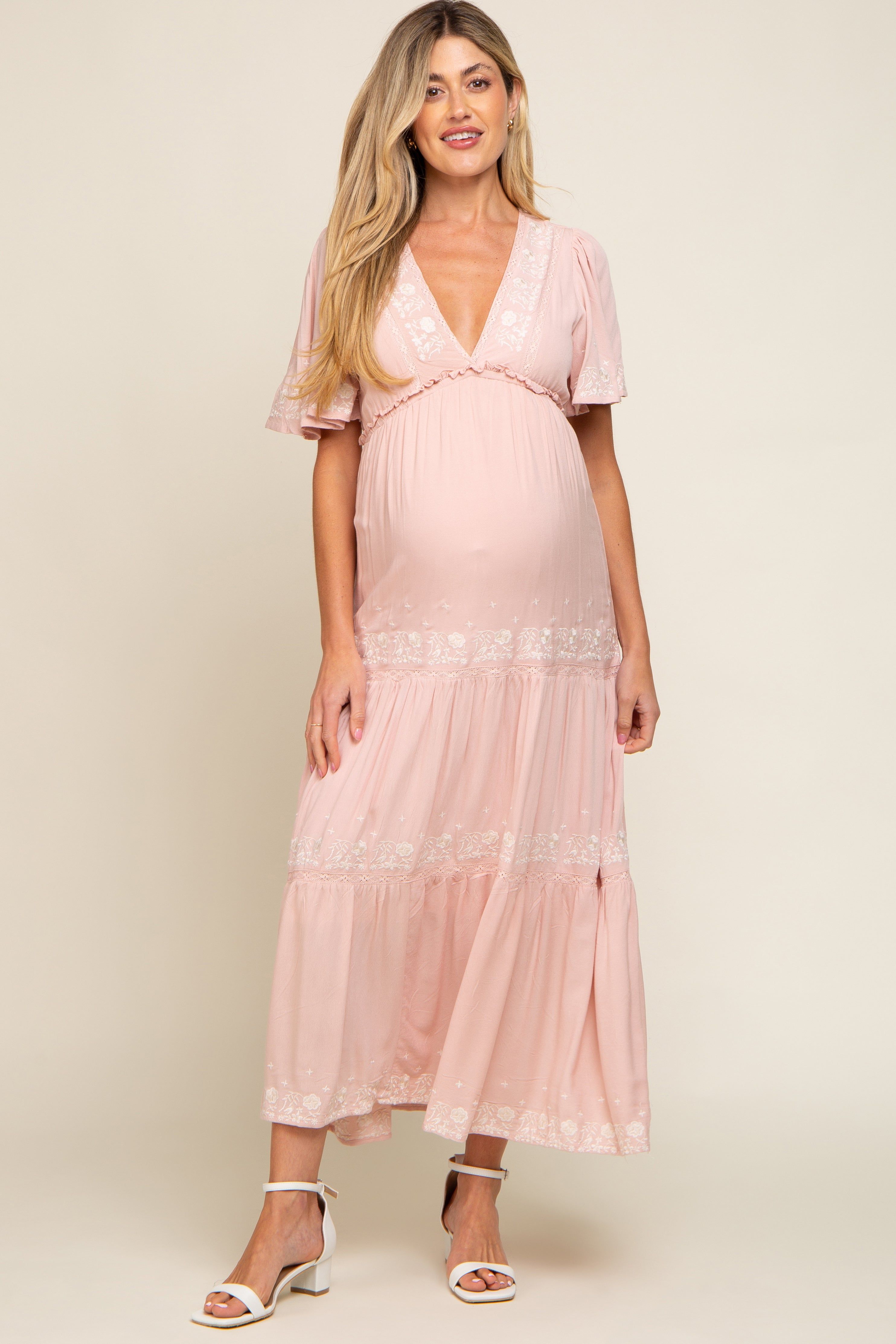 Light Pink Floral Embroidered Tiered Maternity Maxi Dress sold by Pinkblush product image thumbnail 4