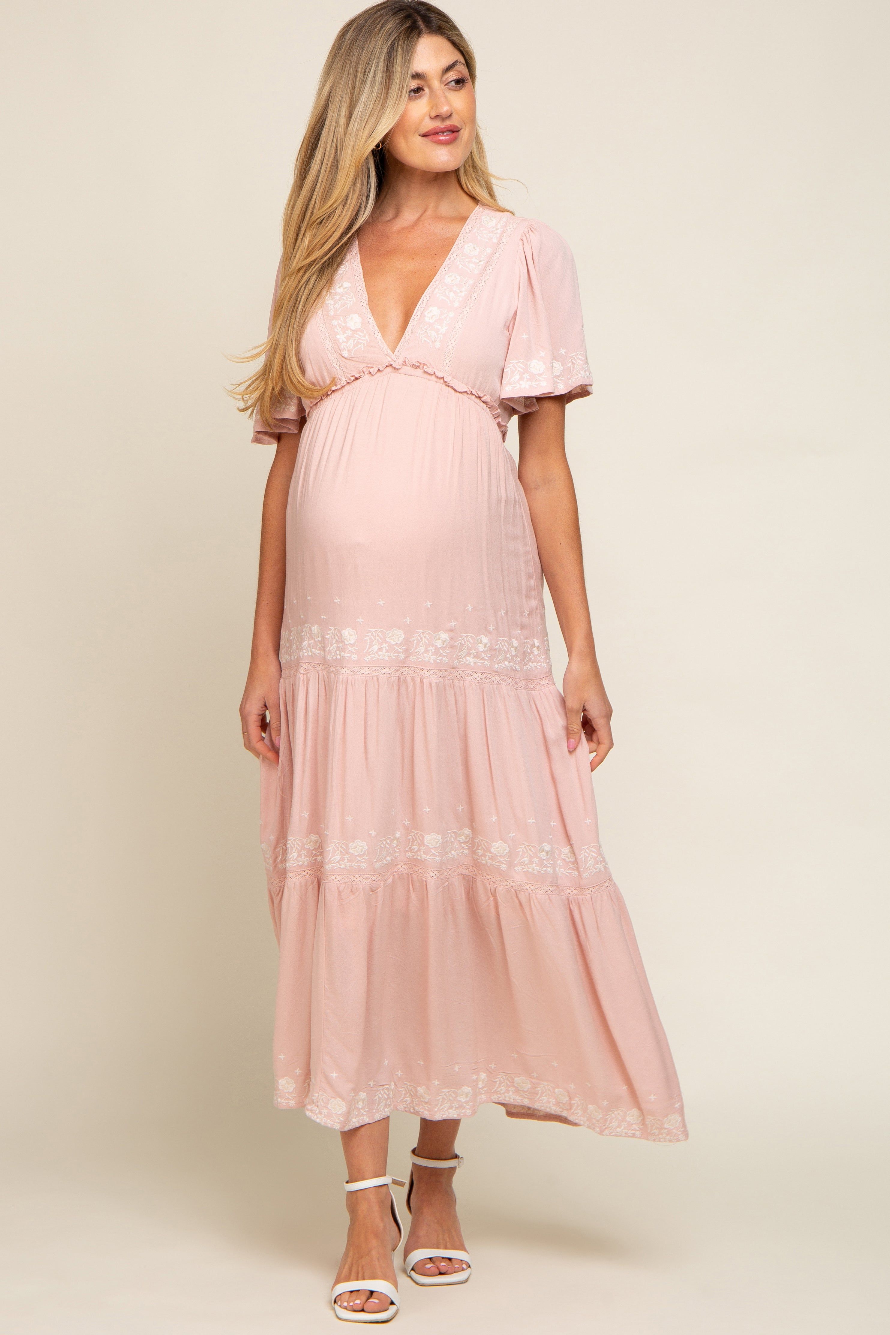 Light Pink Floral Embroidered Tiered Maternity Maxi Dress sold by Pinkblush