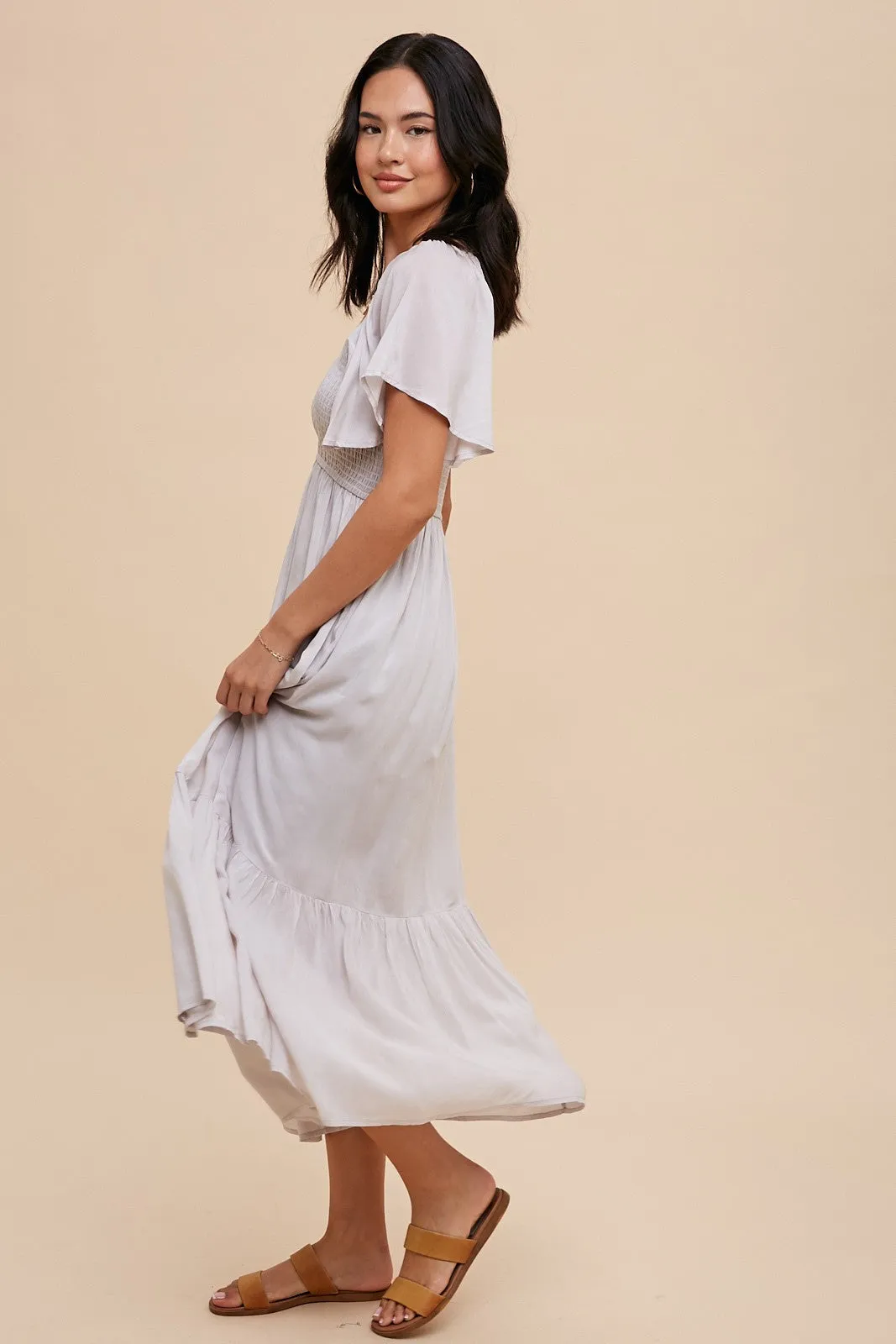 Gray Smocked Flutter Sleeve Midi Dress sold by Pinkblush product image thumbnail 2