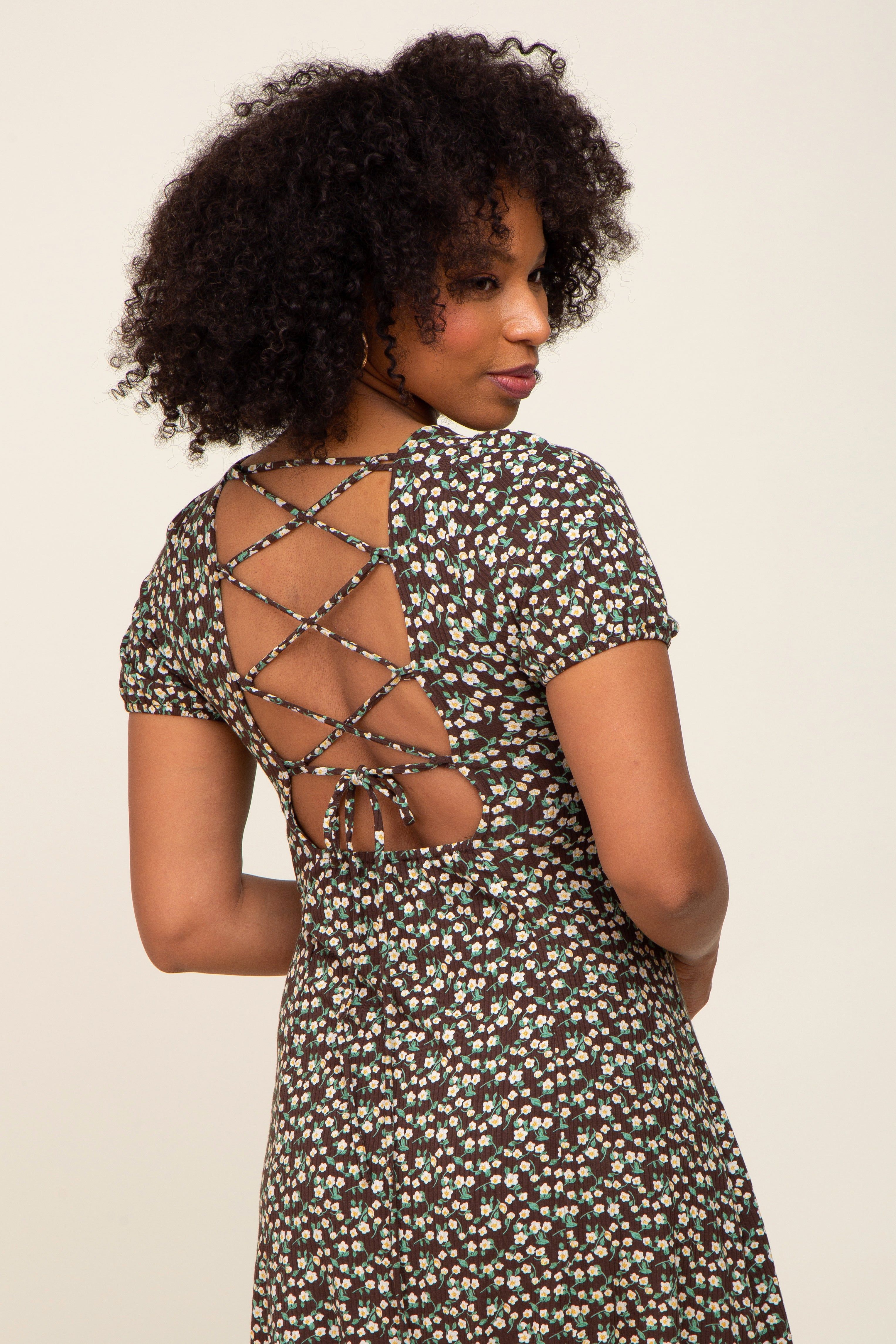 Brown Floral Criss Cross Back A-Line Dress sold by Pinkblush product image thumbnail 4