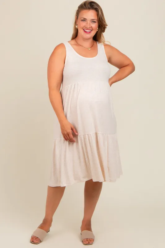 Beige Tiered Sleeveless Maternity Plus Midi Dress sold by Pinkblush