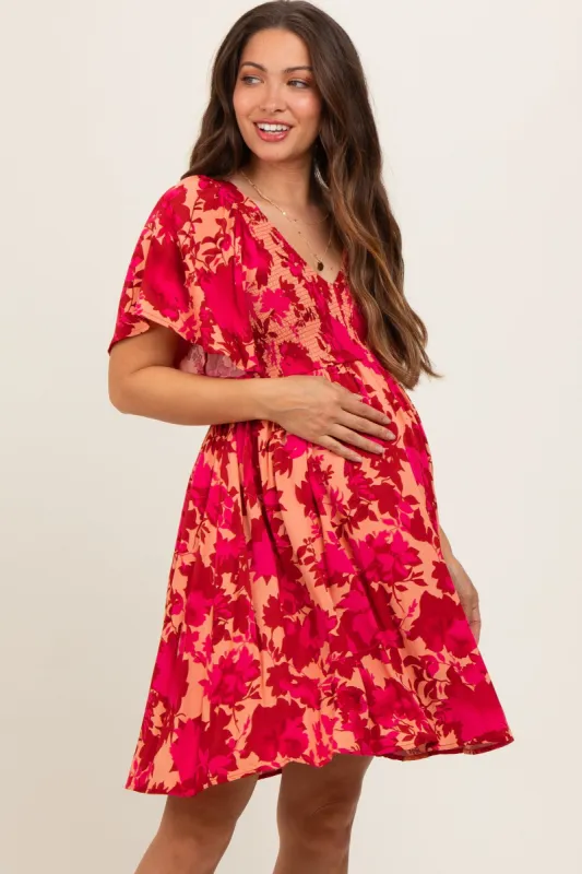 Red Leaf Print Smocked V-Neck Maternity Dress sold by Pinkblush