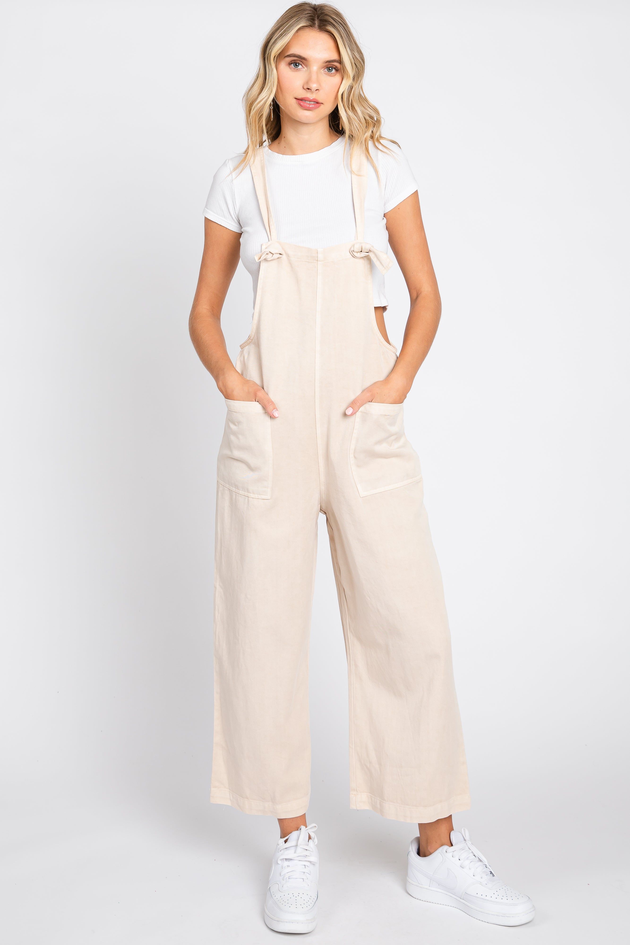 Beige Front Pocket Cropped Overall sold by Pinkblush