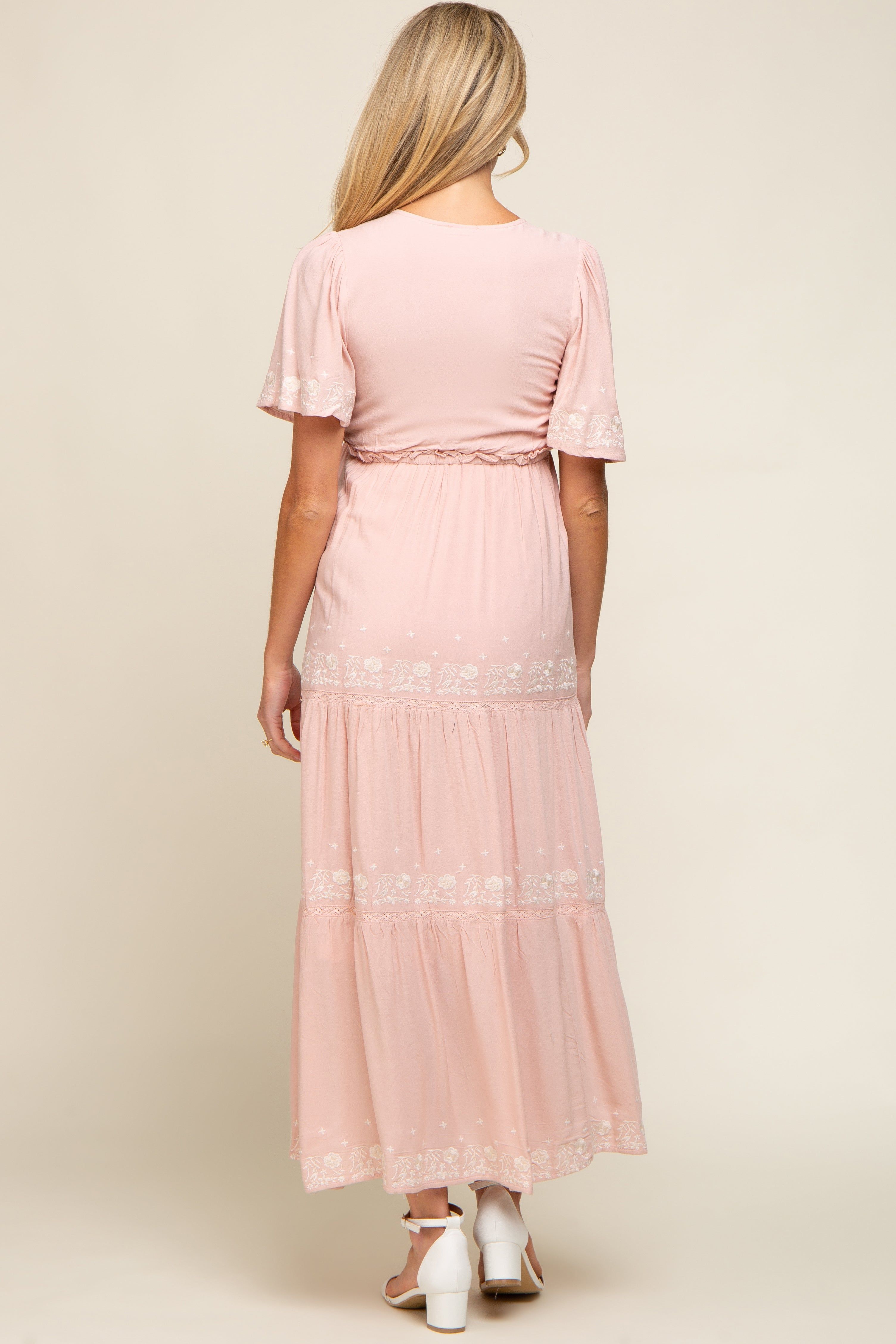 Light Pink Floral Embroidered Tiered Maternity Maxi Dress sold by Pinkblush product image thumbnail 3