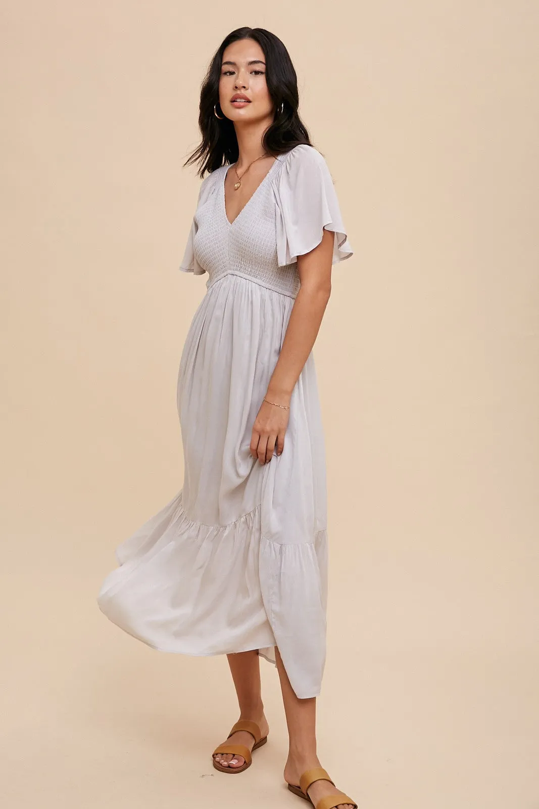 Gray Smocked Flutter Sleeve Midi Dress sold by Pinkblush