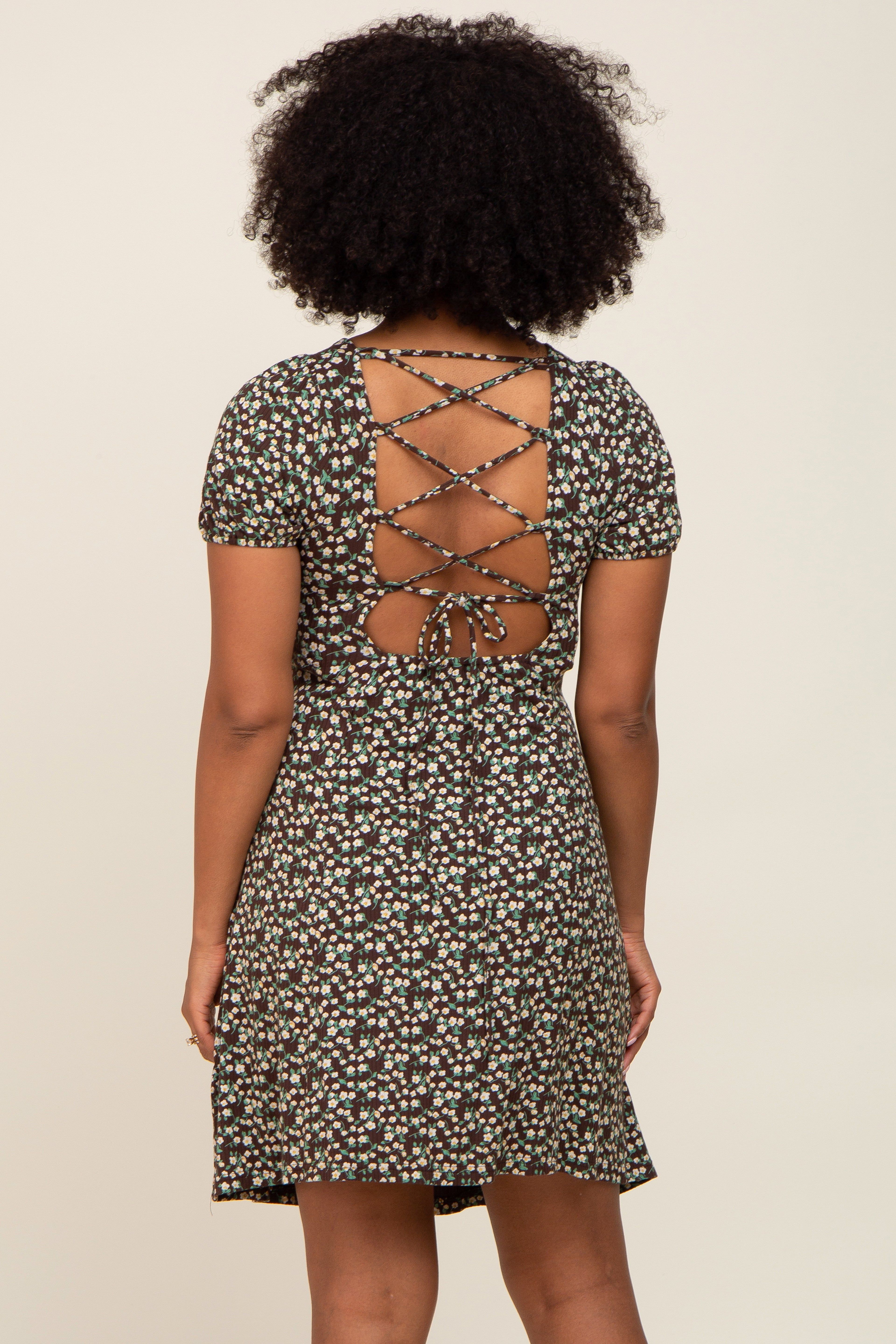 Brown Floral Criss Cross Back A-Line Dress sold by Pinkblush product image thumbnail 3
