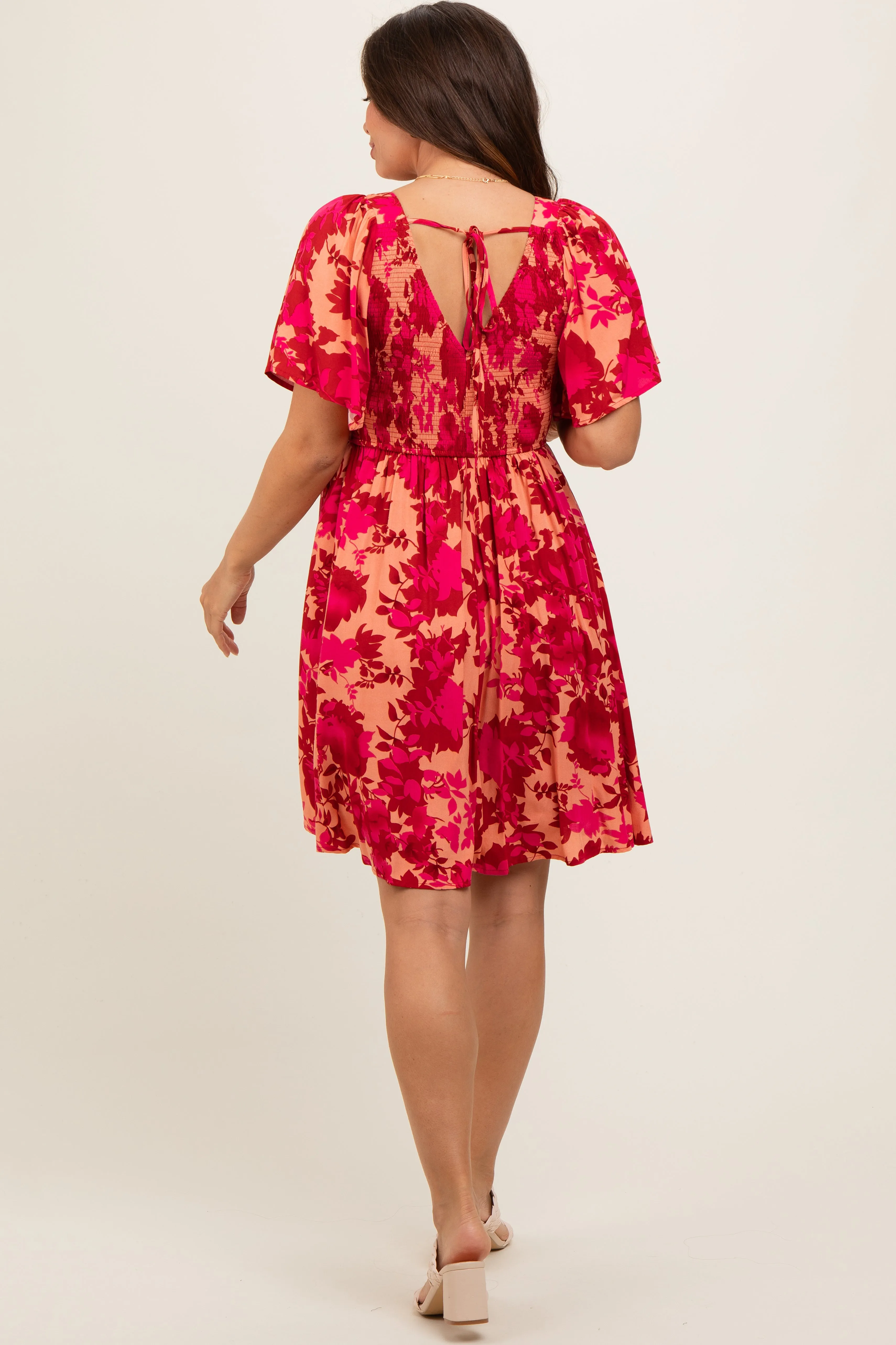 Red Leaf Print Smocked V-Neck Maternity Dress sold by Pinkblush product image thumbnail 3
