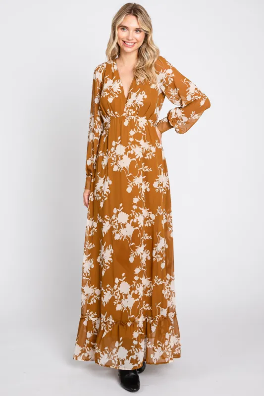 Camel Floral Chiffon Balloon Sleeve Maxi Dress sold by Pinkblush