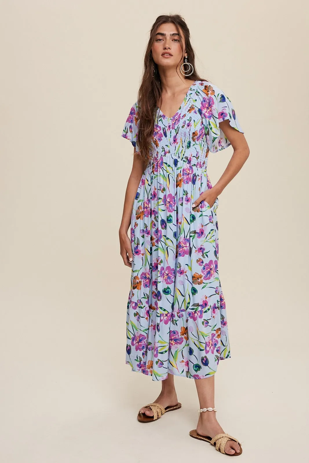 Light Blue Floral Flutter Sleeve Smocked Midi Dress sold by Pinkblush product image thumbnail 2