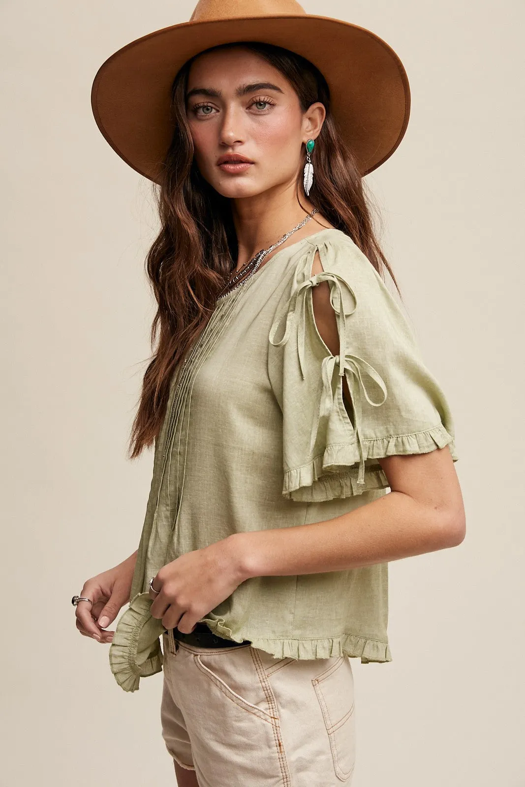 Green Lily Linen Bow Tie Sleeve Pleated Blouse Top sold by Pinkblush product image thumbnail 2