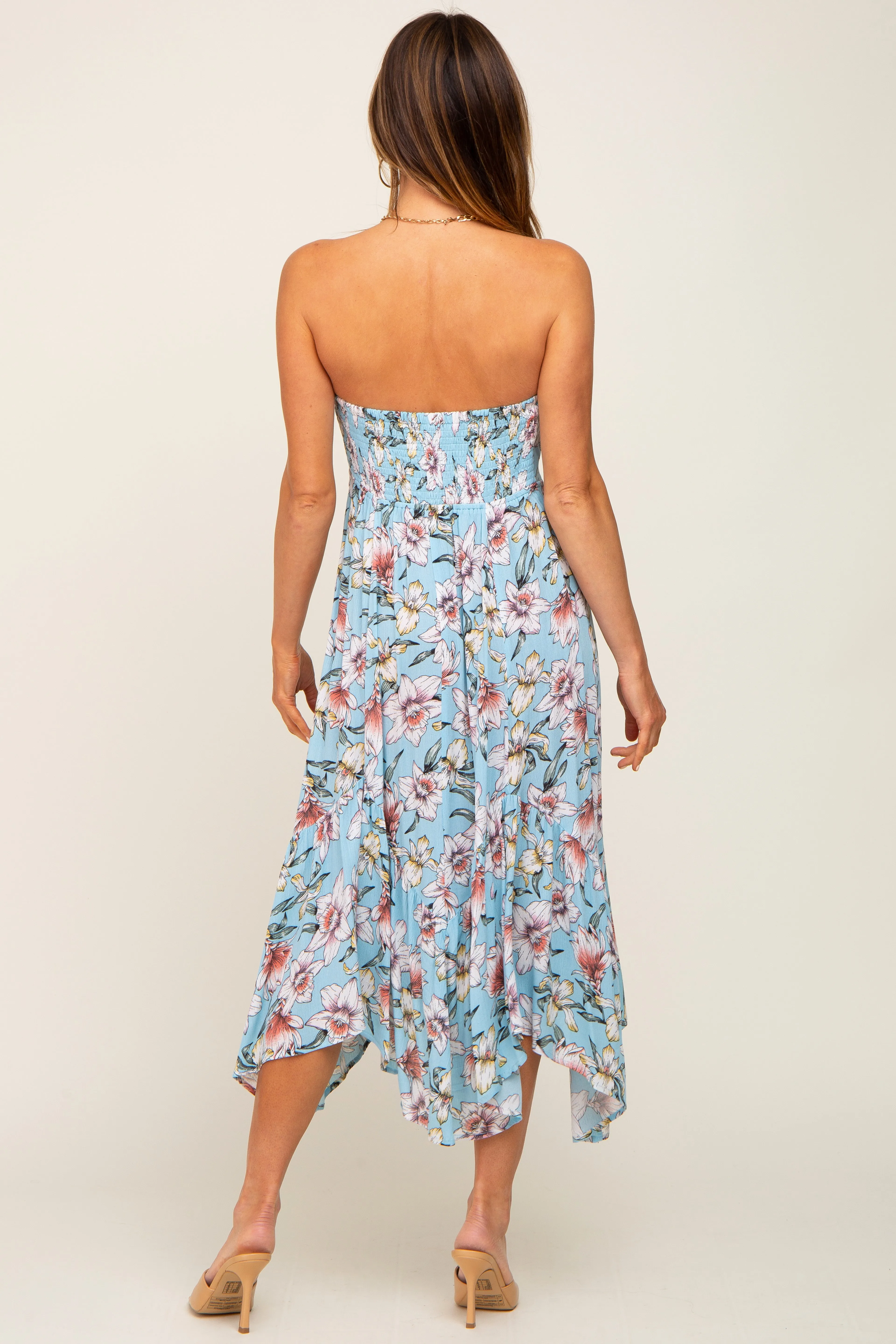 Blue Floral Strapless Handkerchief Midi Dress sold by Pinkblush product image thumbnail 3