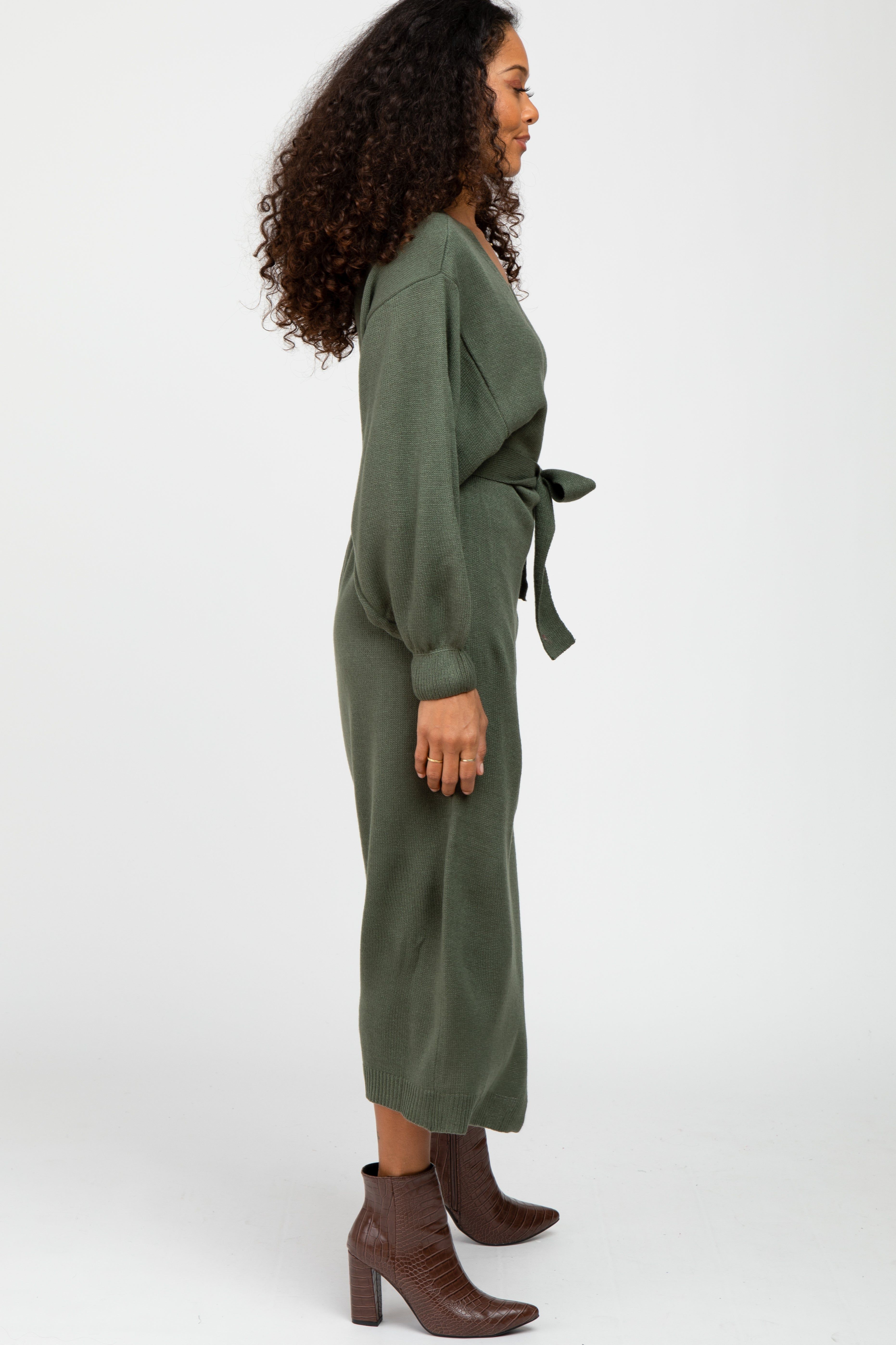 Olive Wrap Sweater Knit Midi Dress sold by Pinkblush product image thumbnail 3