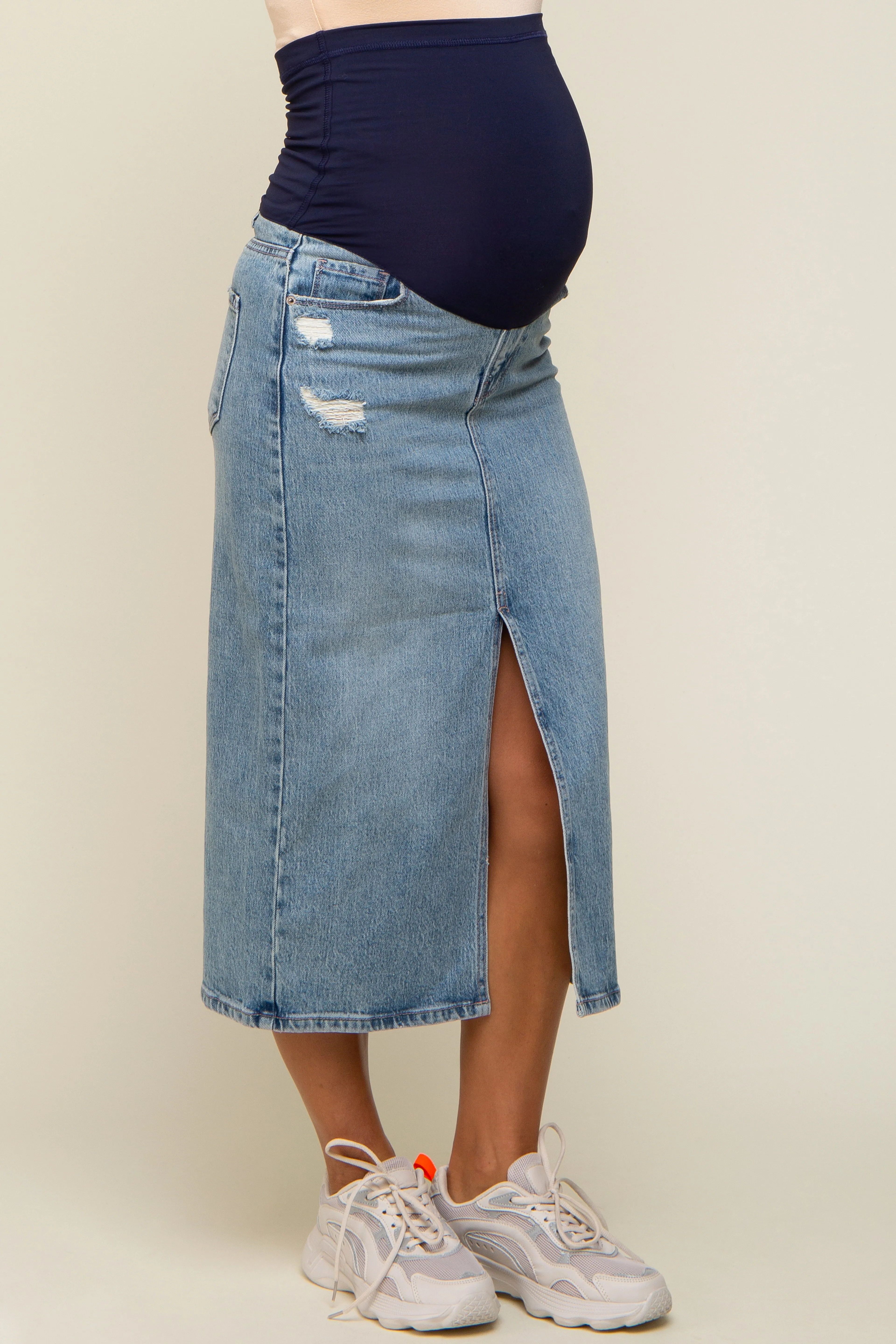 Light Blue Denim Front Slit Maternity Midi Skirt sold by Pinkblush product image thumbnail 3