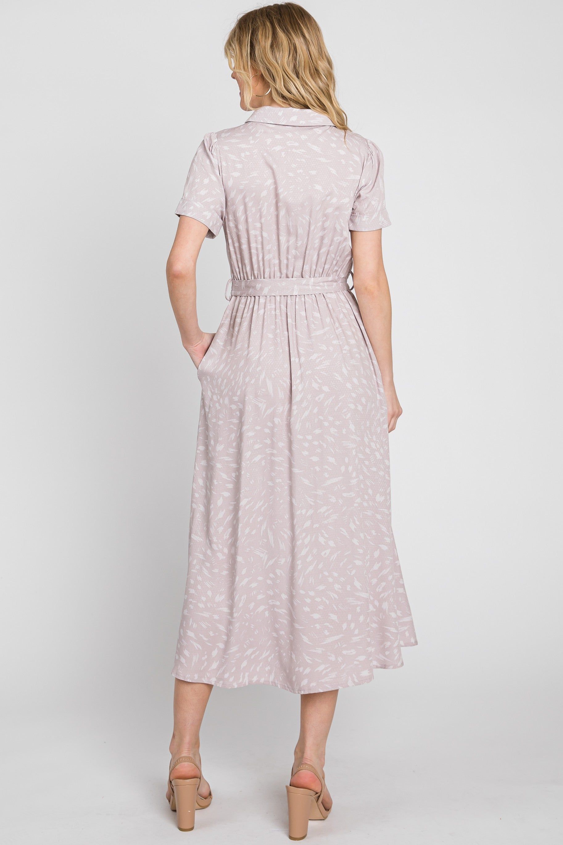 Mauve Printed V-Neck Collared Midi Dress sold by Pinkblush product image thumbnail 3