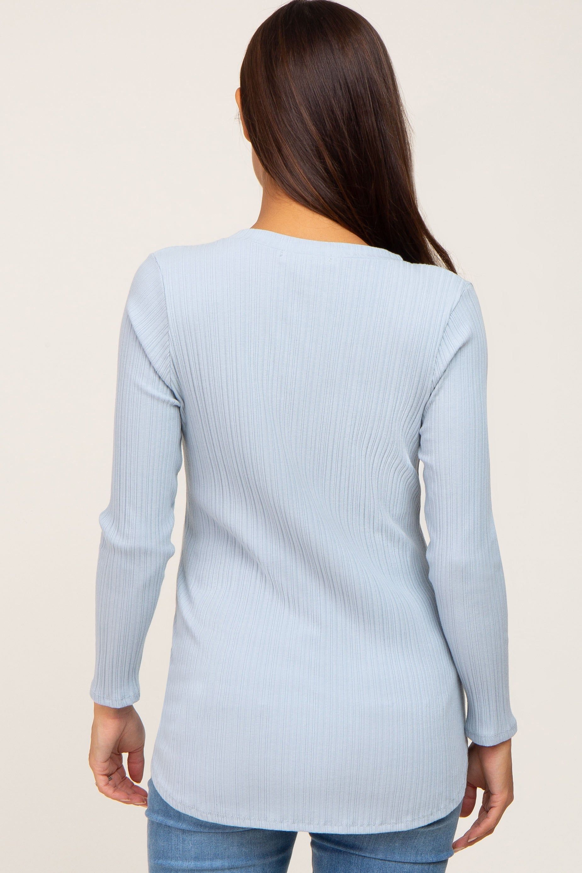 Light Blue Ribbed V-Neck Long Sleeve Maternity Top sold by Pinkblush product image thumbnail 3