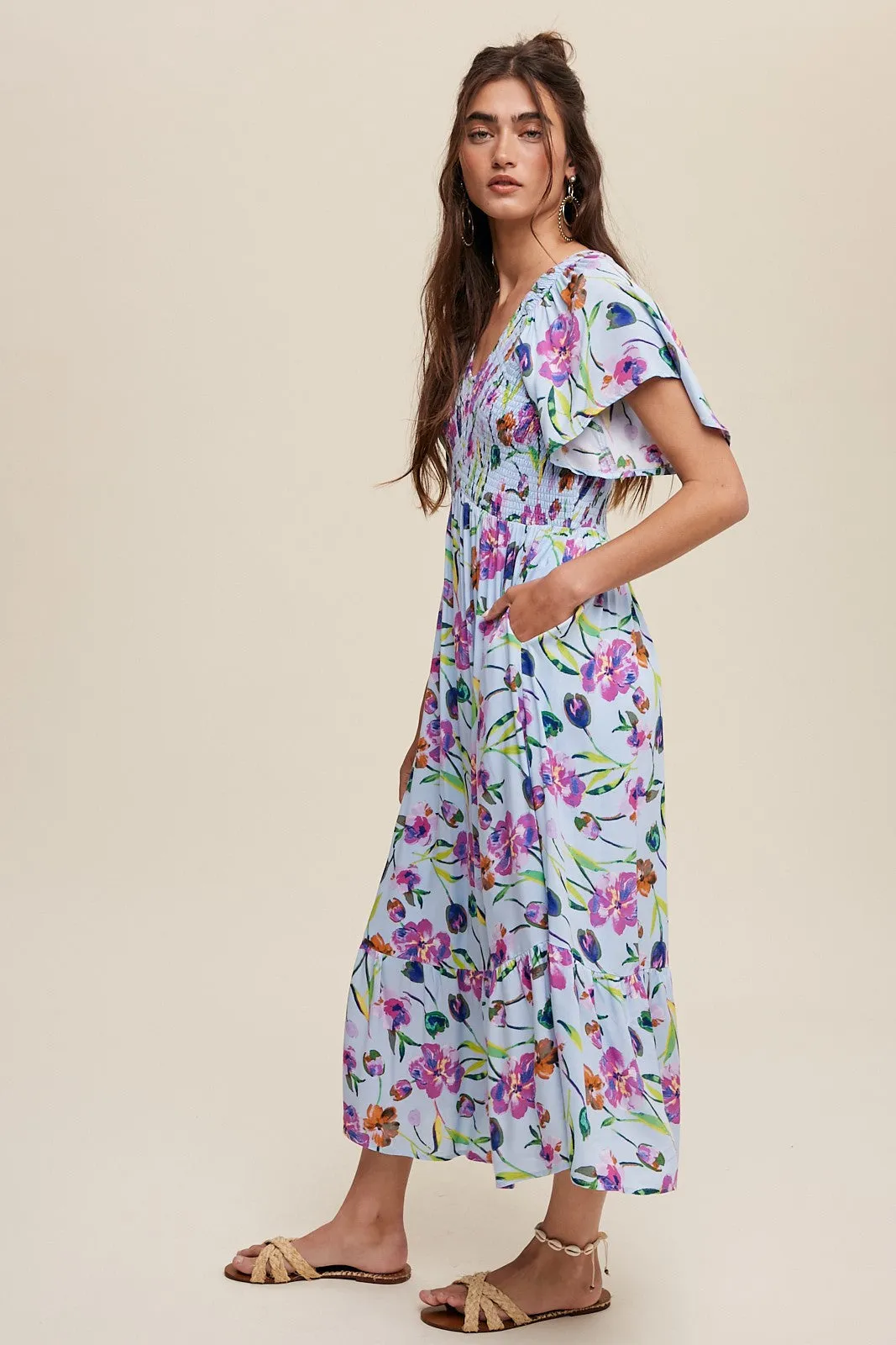 Light Blue Floral Flutter Sleeve Smocked Midi Dress sold by Pinkblush product image thumbnail 3