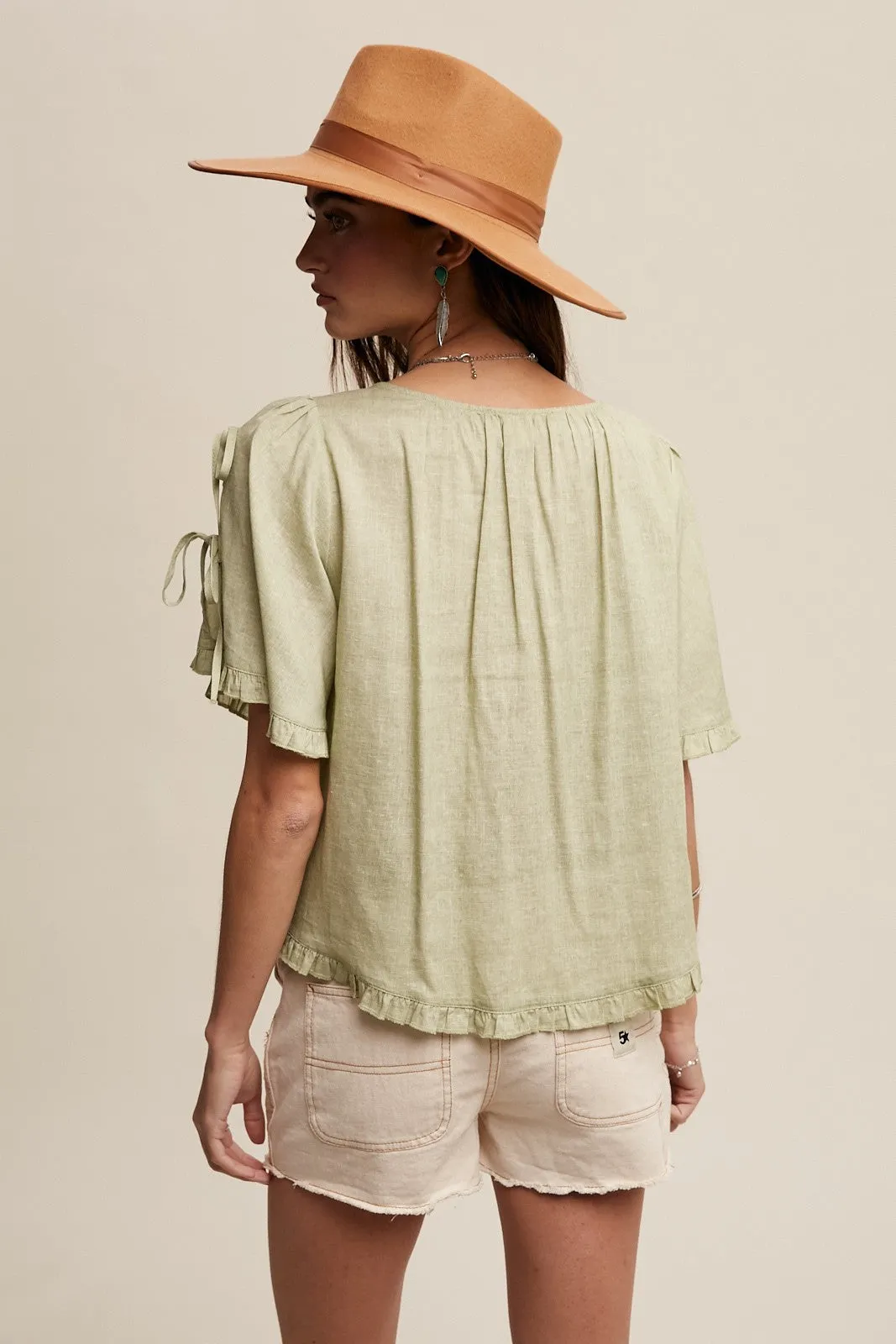 Green Lily Linen Bow Tie Sleeve Pleated Blouse Top sold by Pinkblush product image thumbnail 3