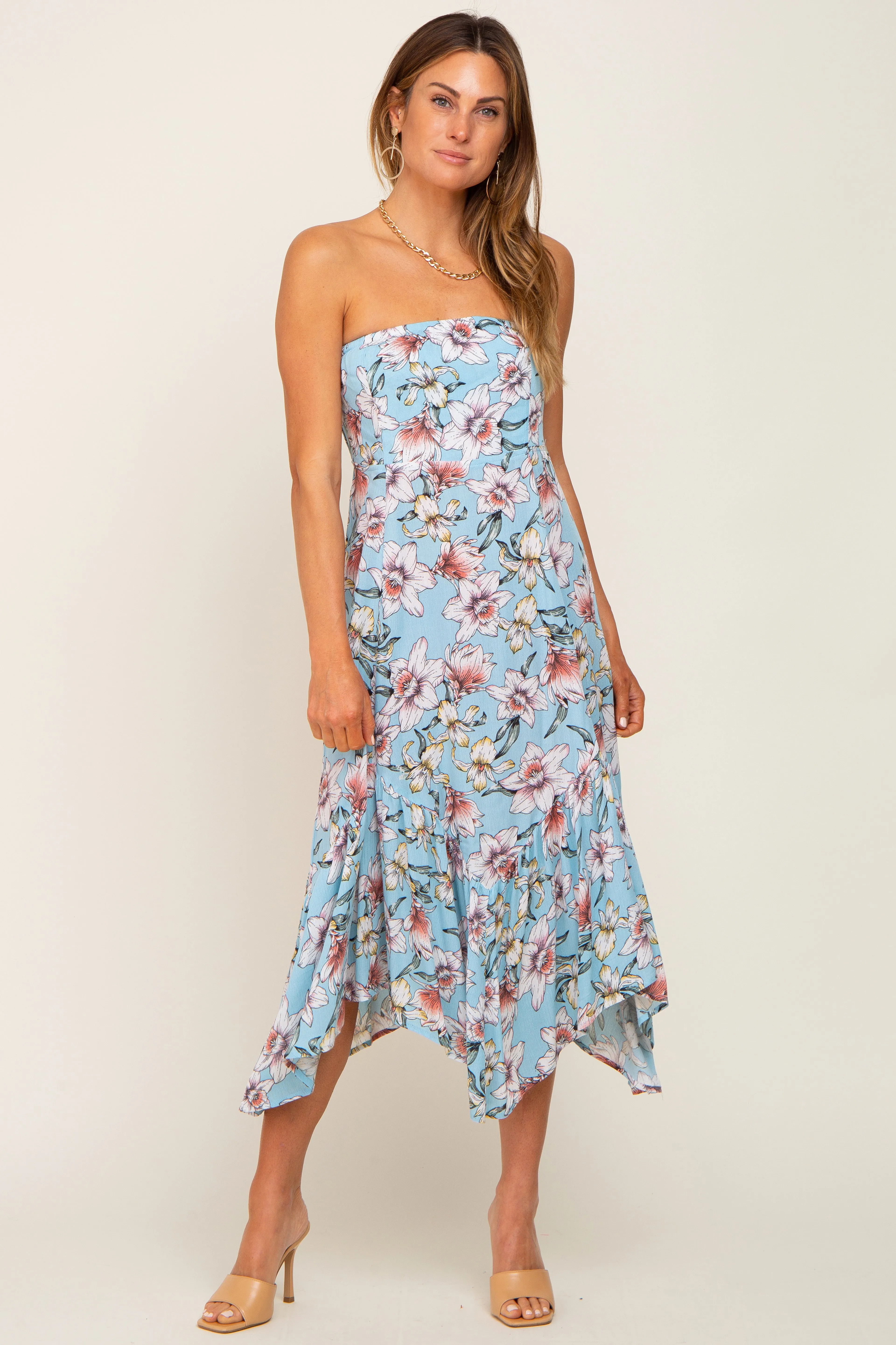 Blue Floral Strapless Handkerchief Midi Dress sold by Pinkblush
