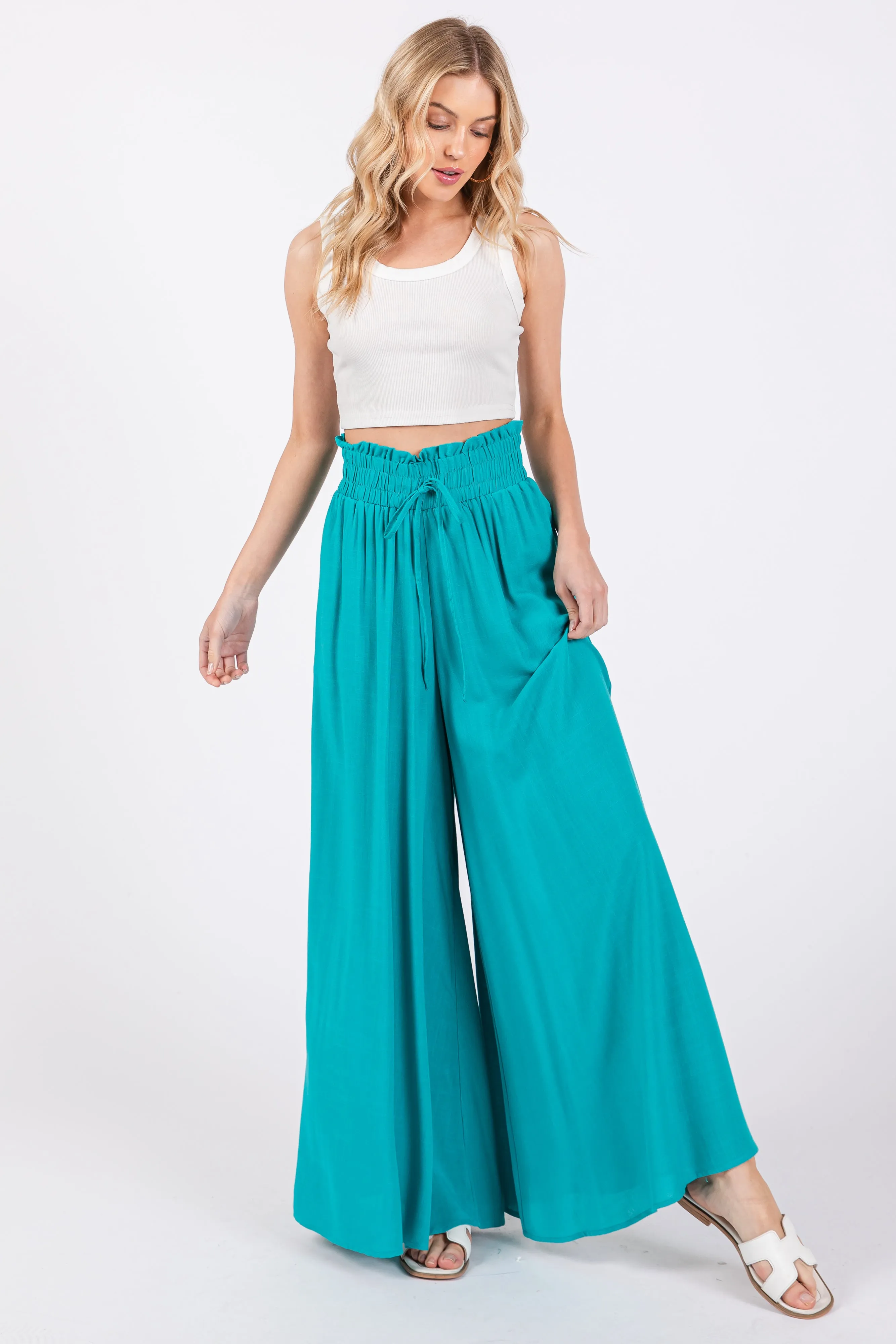 Jade Wide Leg Smocked Lightweight Pants sold by Pinkblush