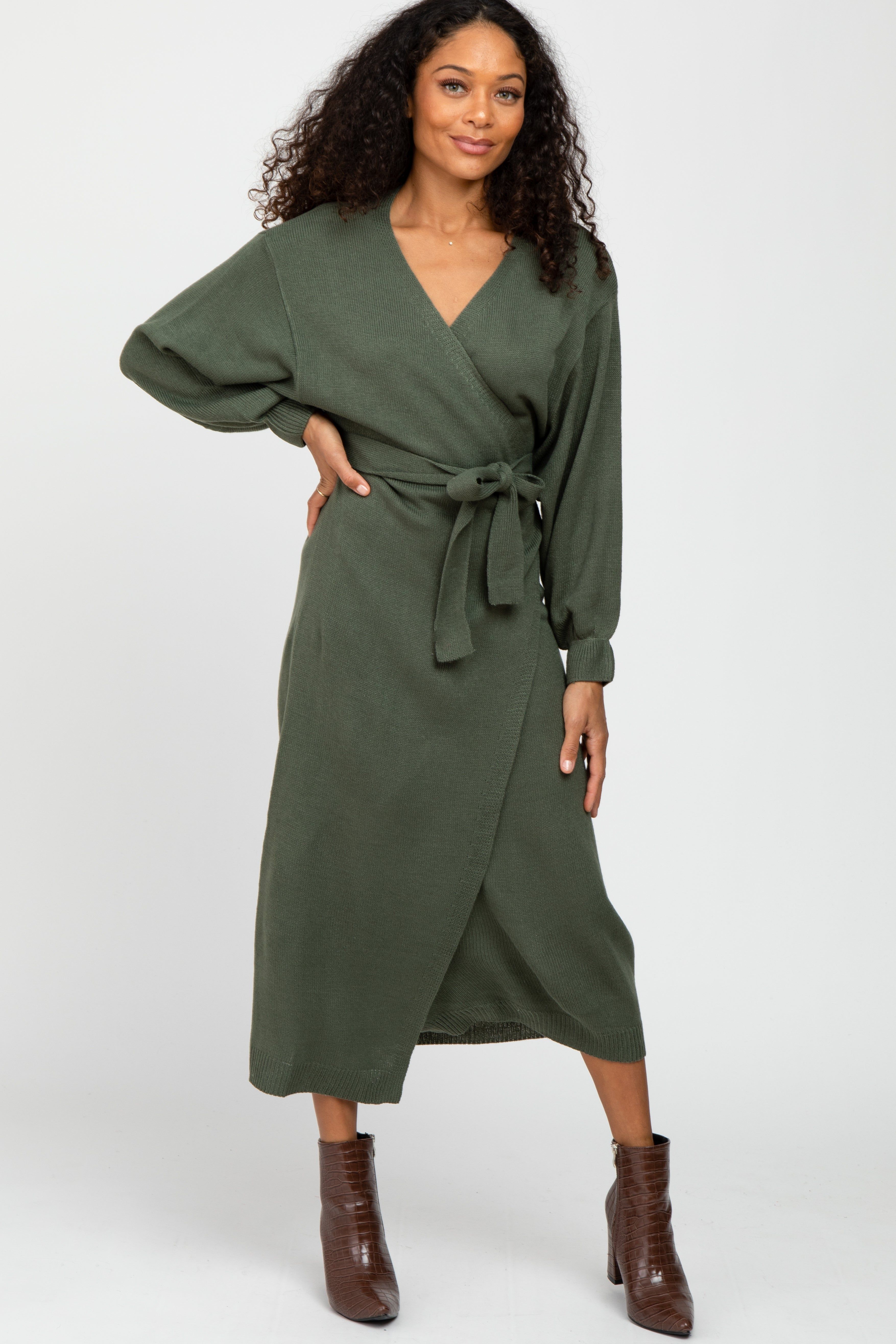 Olive Wrap Sweater Knit Midi Dress sold by Pinkblush