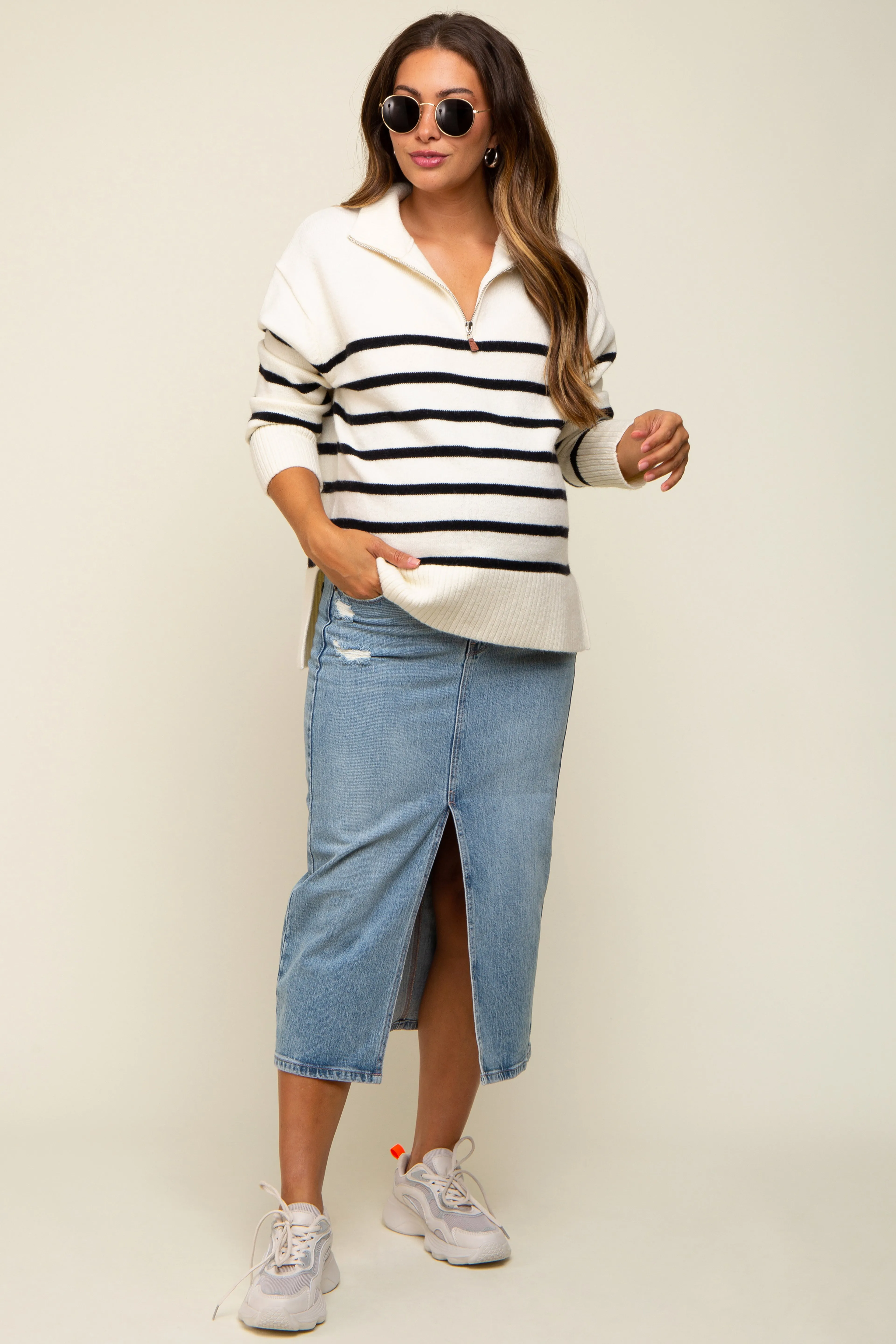 Light Blue Denim Front Slit Maternity Midi Skirt sold by Pinkblush