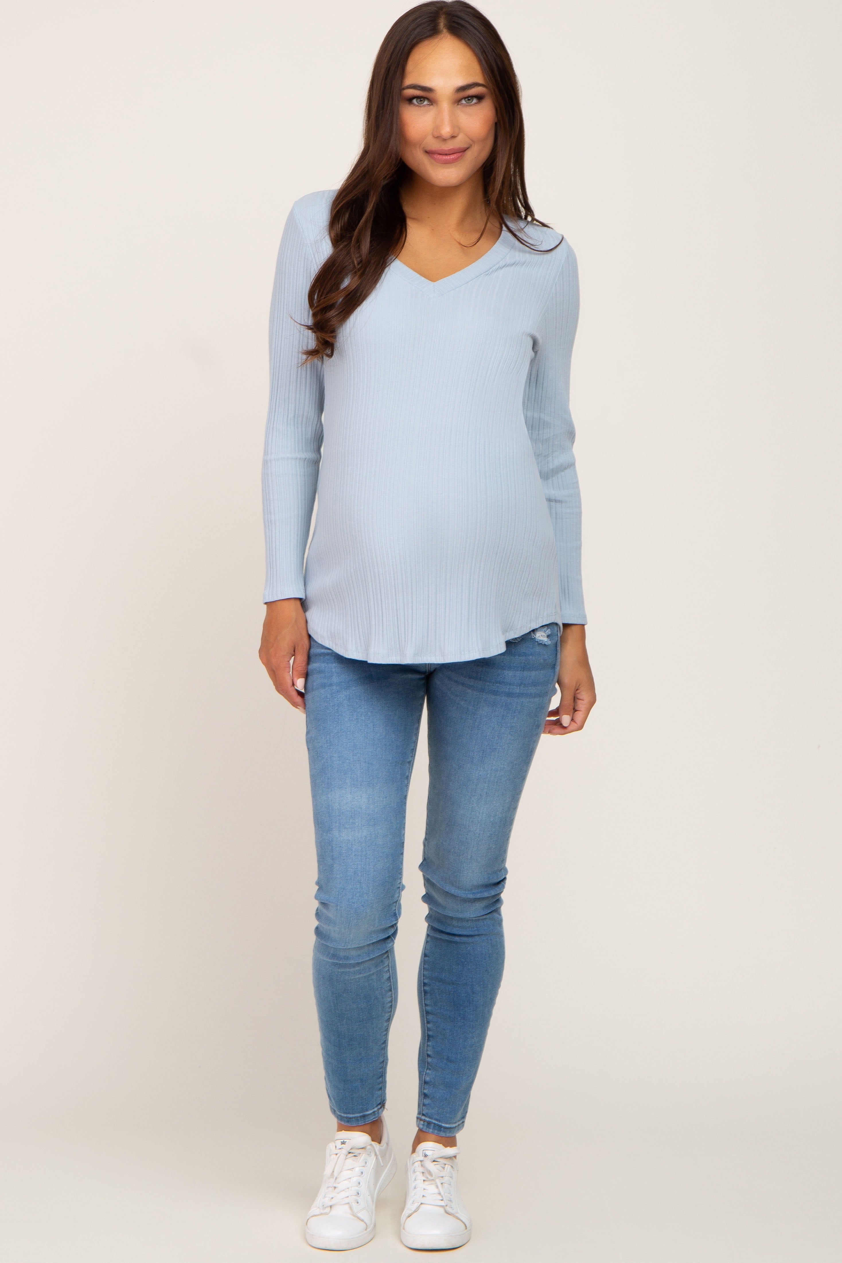 Light Blue Ribbed V-Neck Long Sleeve Maternity Top sold by Pinkblush product image thumbnail 4