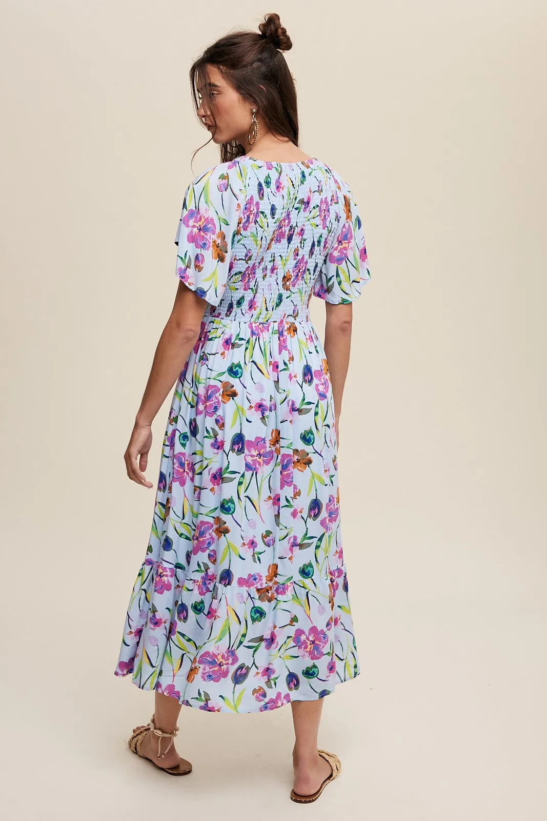 Light Blue Floral Flutter Sleeve Smocked Midi Dress sold by Pinkblush product image thumbnail 4