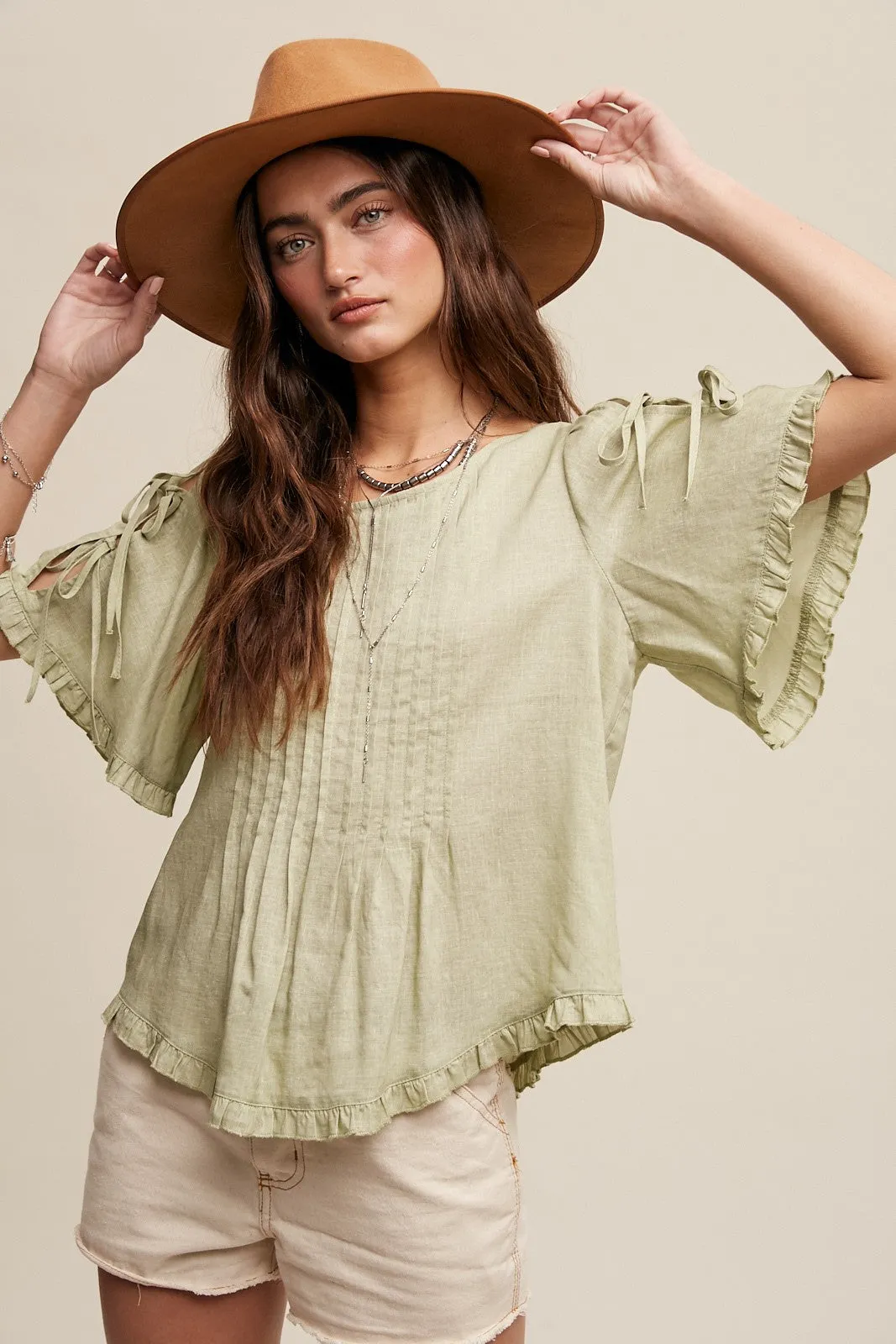Green Lily Linen Bow Tie Sleeve Pleated Blouse Top sold by Pinkblush