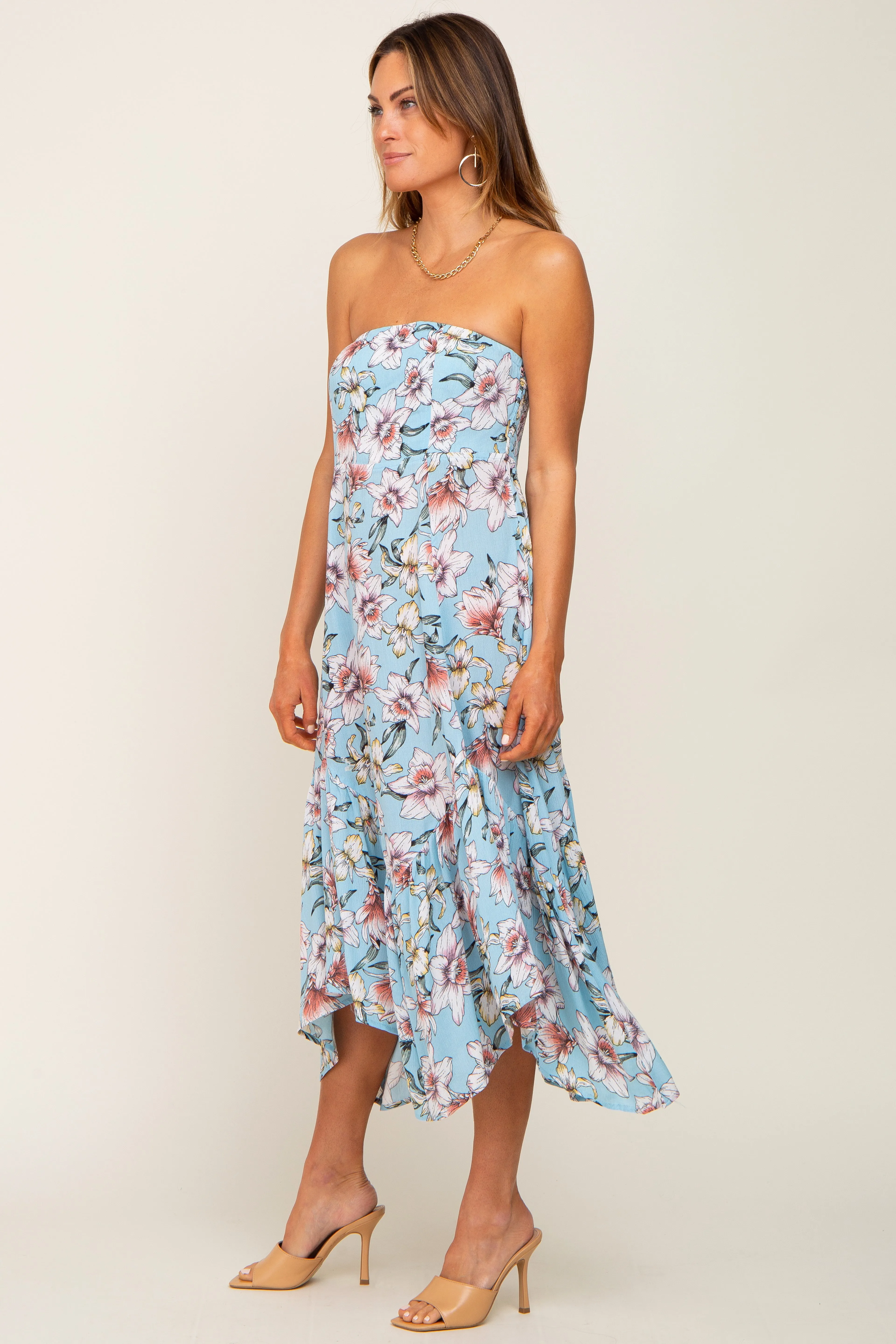 Blue Floral Strapless Handkerchief Midi Dress sold by Pinkblush product image thumbnail 2