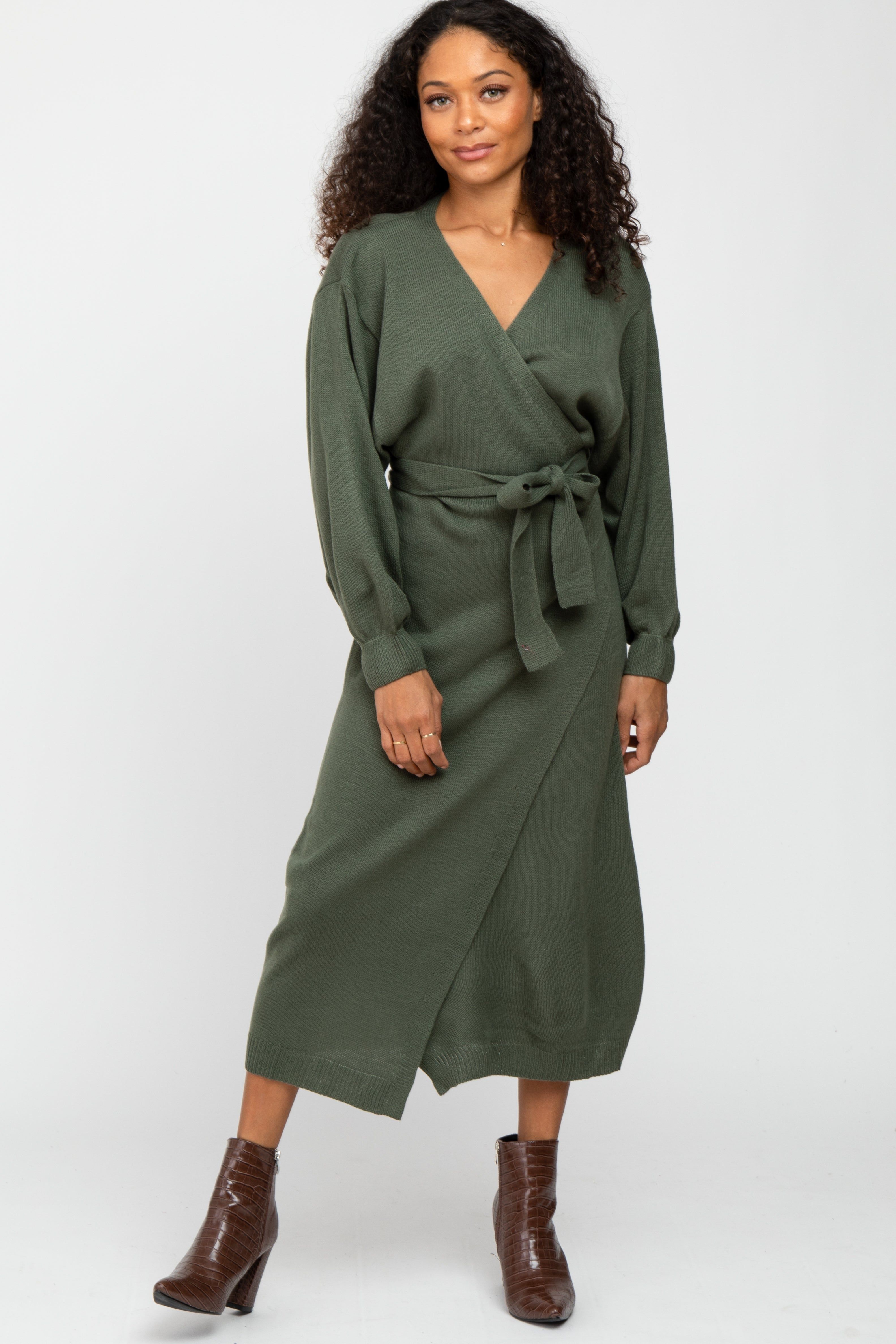 Olive Wrap Sweater Knit Midi Dress sold by Pinkblush product image thumbnail 2