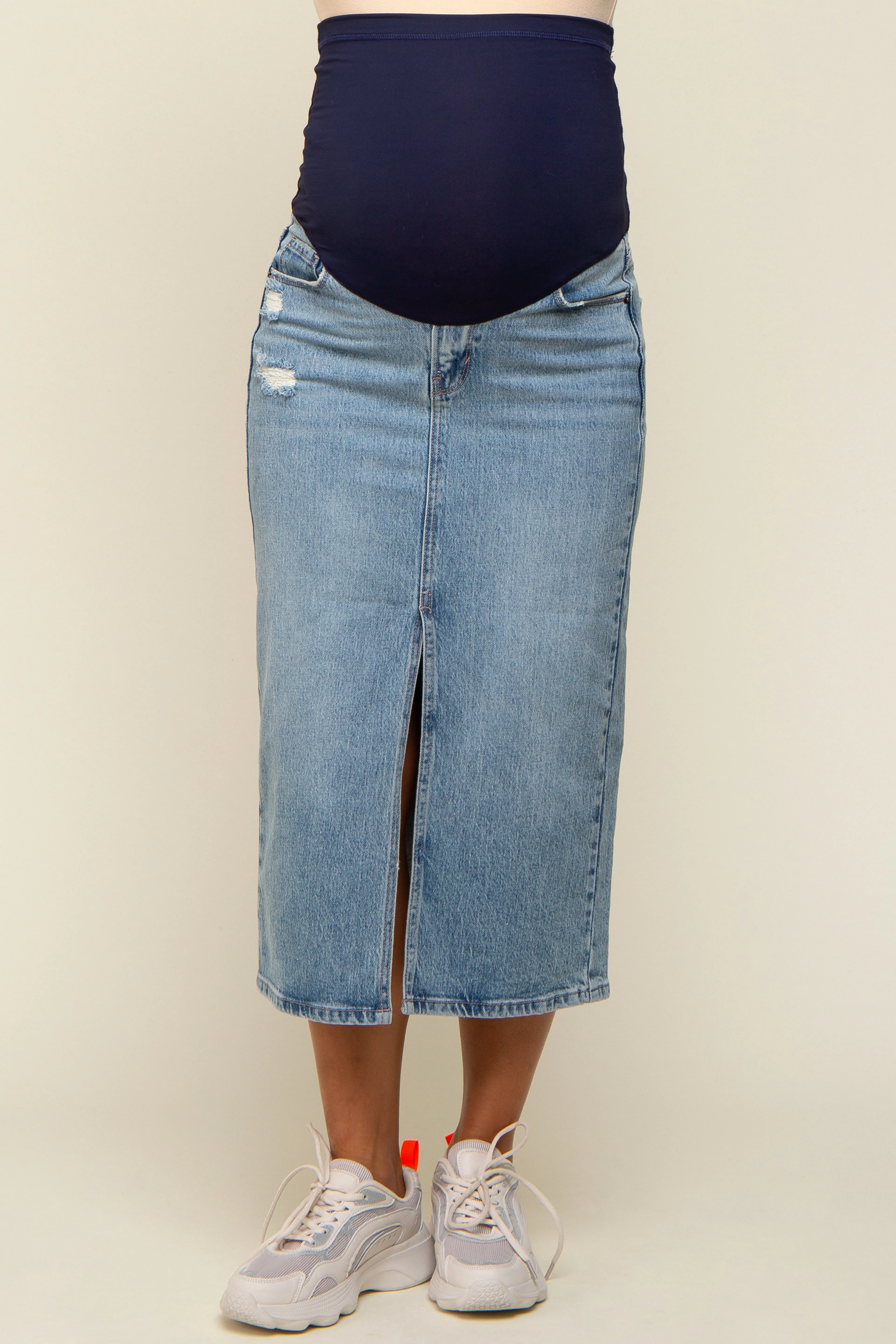 Light Blue Denim Front Slit Maternity Midi Skirt sold by Pinkblush product image thumbnail 2