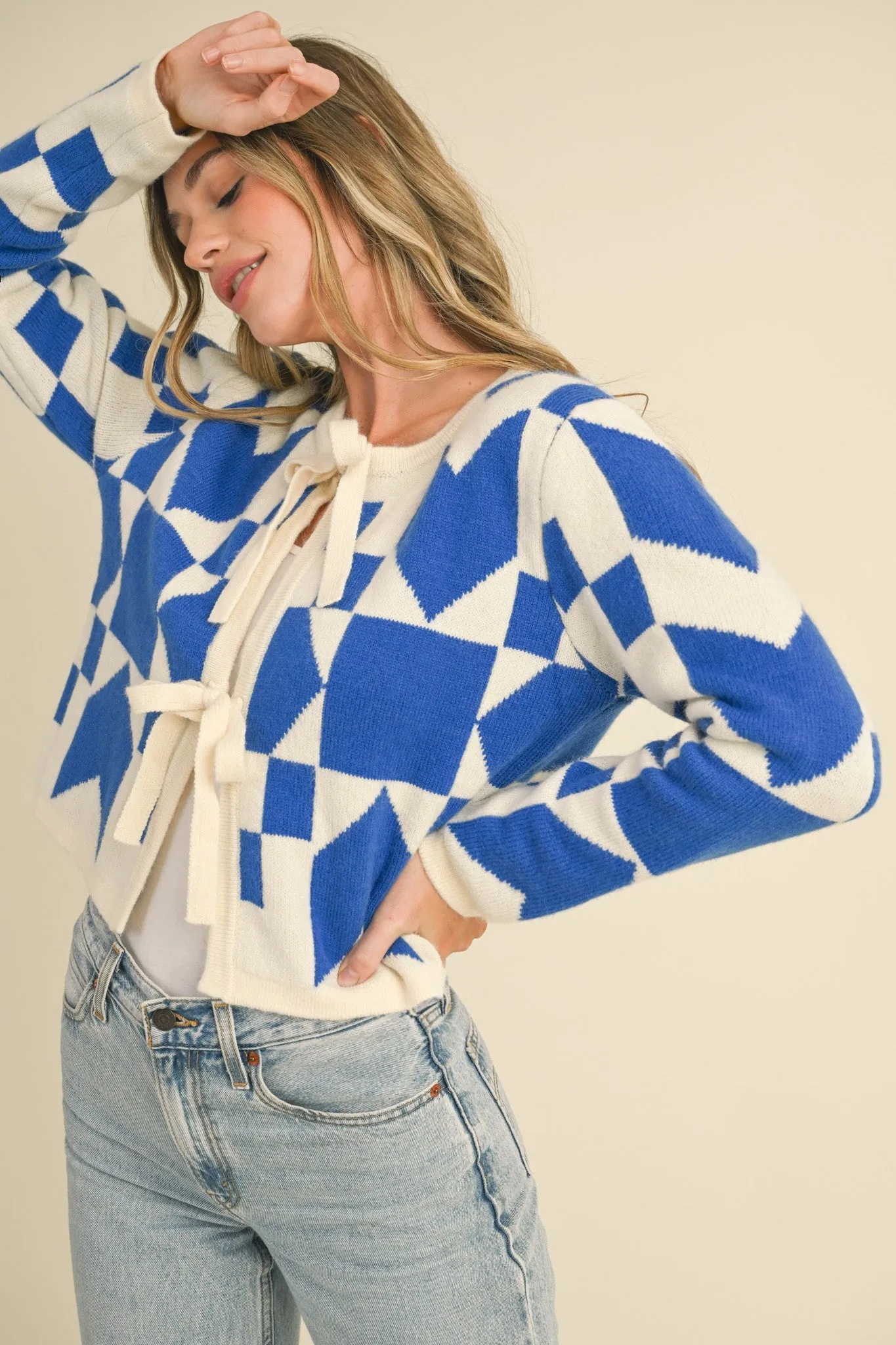 Electric Blue Bow Front Crop Sweater Cardigan sold by Pinkblush product image thumbnail 4