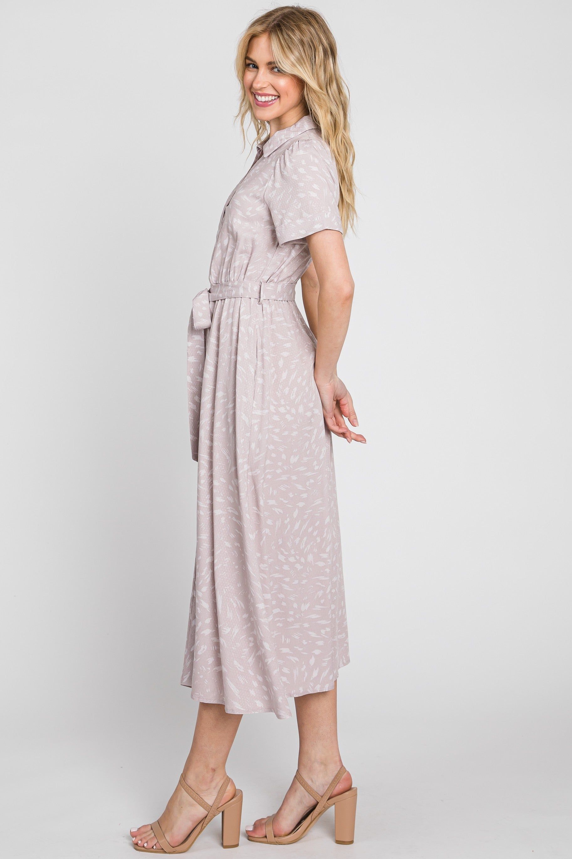 Mauve Printed V-Neck Collared Midi Dress sold by Pinkblush product image thumbnail 2