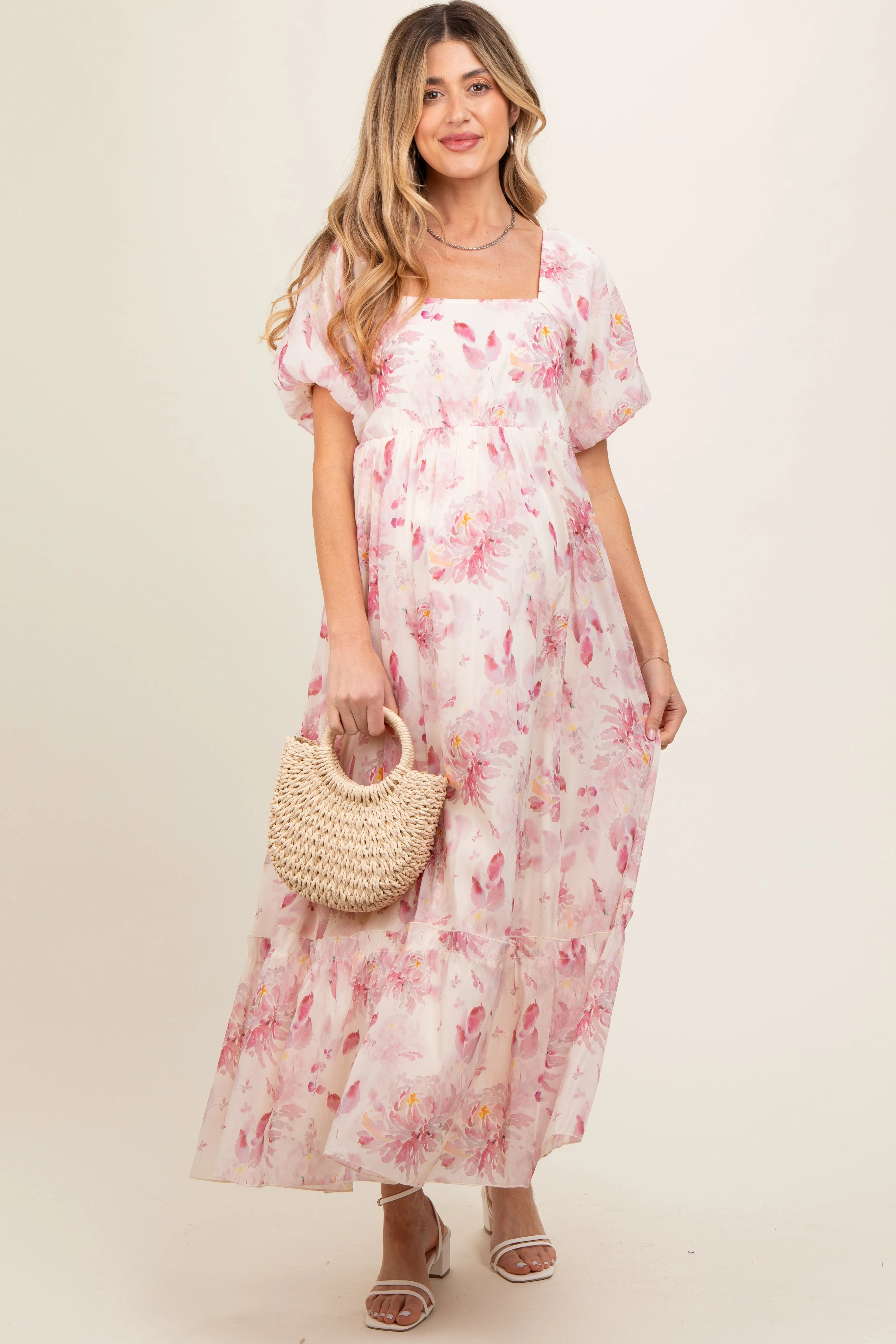 Red Puff Sleeve Square Neck Maternity Dress sold by Pinkblush product image thumbnail 2