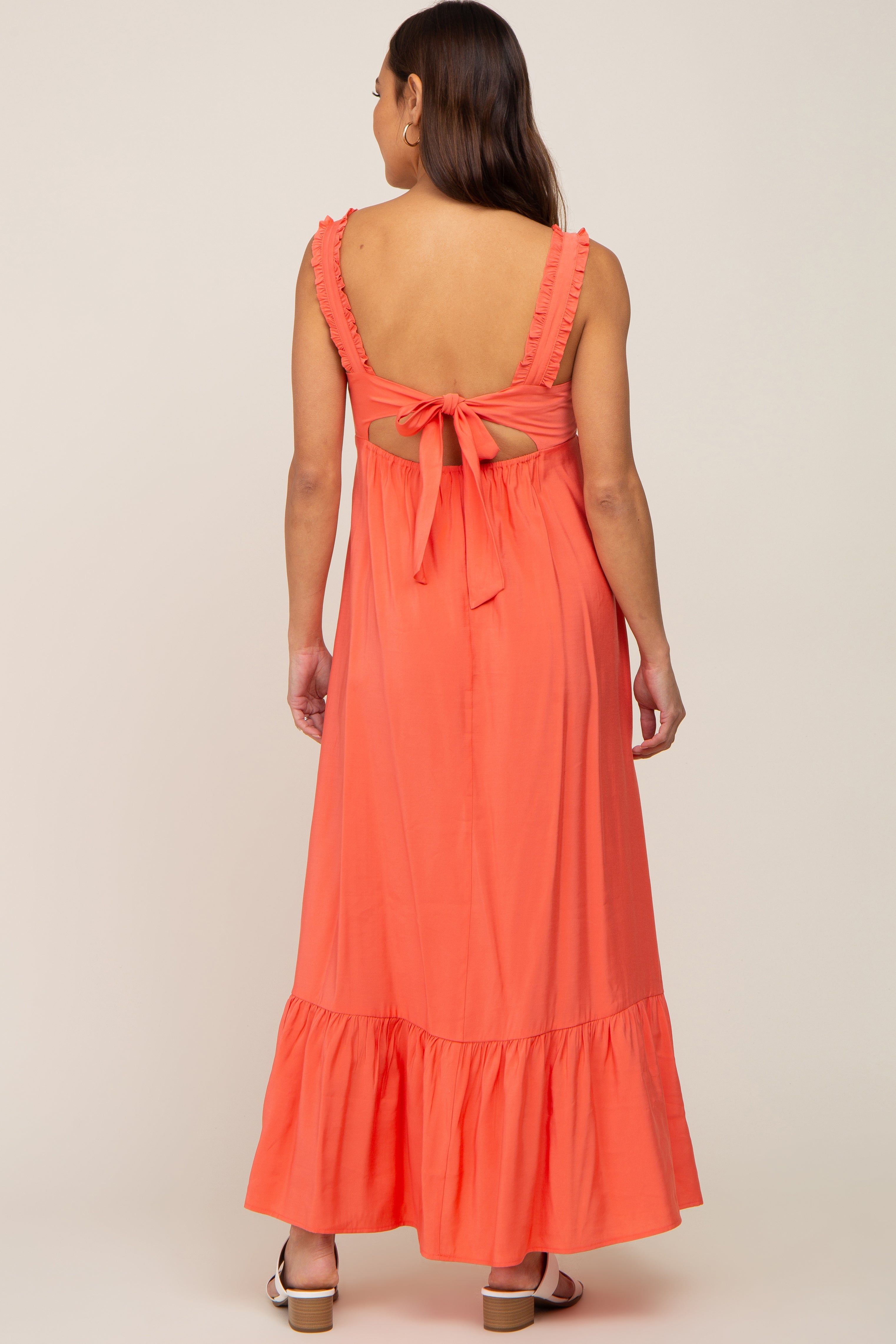 Coral Sleeveless Ruffe Hem Maternity Maxi Dress sold by Pinkblush product image thumbnail 3