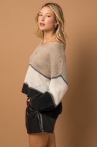 Taupe Black Metallic Striped V Neck Sweater sold by Pinkblush