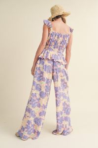 Lavender Floral Smocked Bodice Wide Leg Jumpsuit sold by Pinkblush