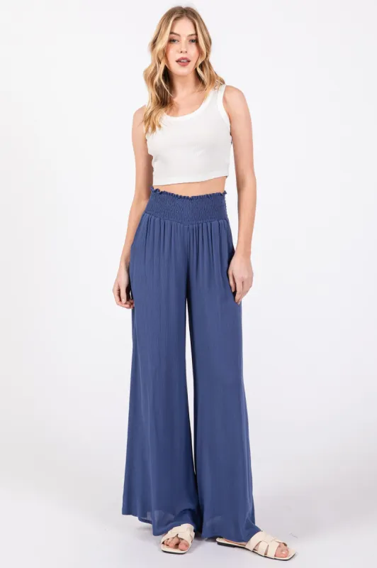 Navy Wide Smock Waist Pants sold by Pinkblush