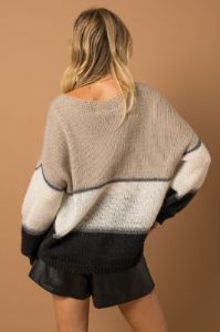 Taupe Black Metallic Striped V Neck Sweater sold by Pinkblush