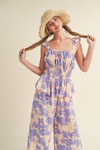 Lavender Floral Smocked Bodice Wide Leg Jumpsuit sold by Pinkblush