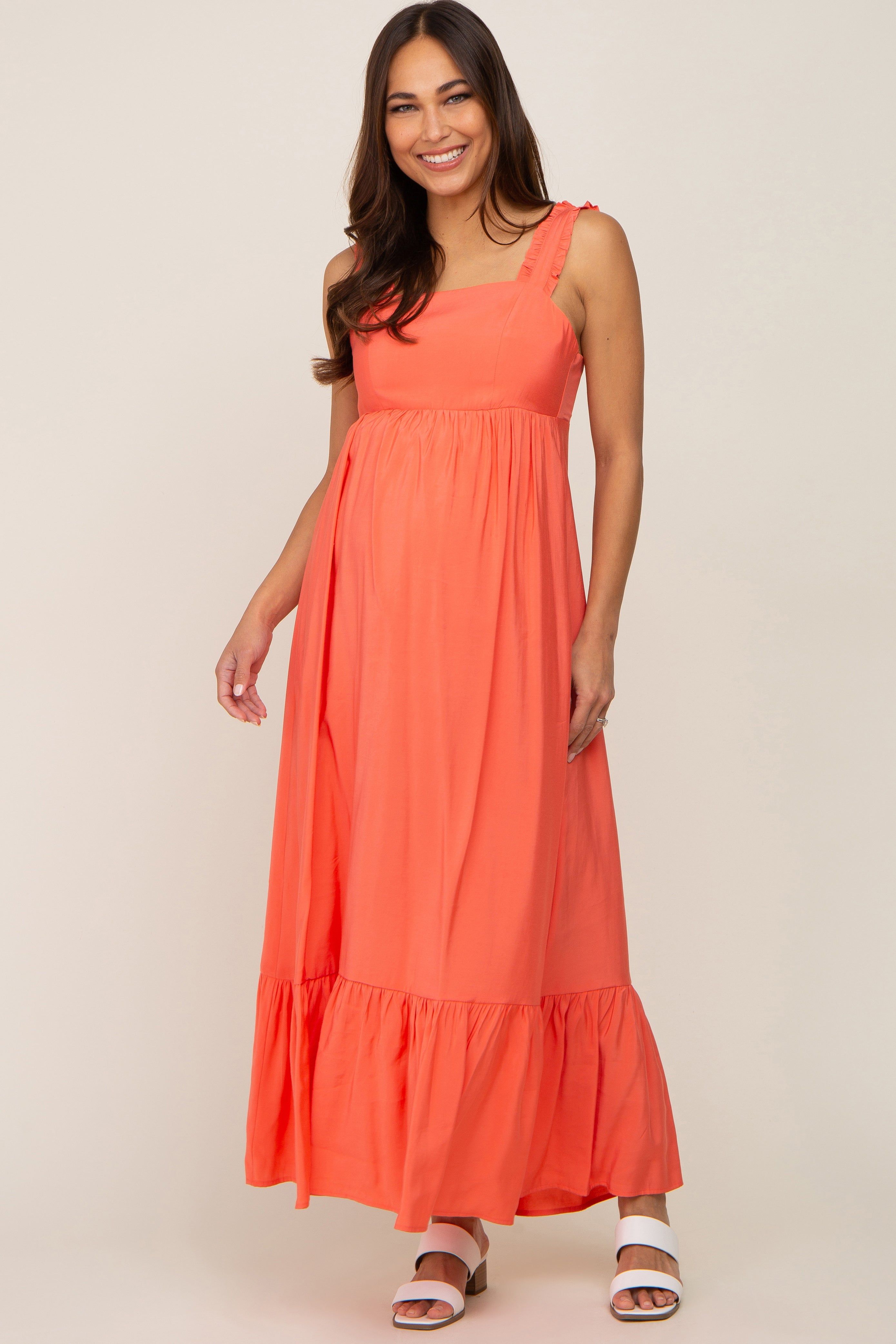 Coral Sleeveless Ruffe Hem Maternity Maxi Dress sold by Pinkblush