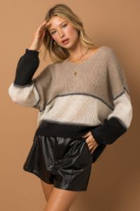Taupe Black Metallic Striped V Neck Sweater sold by Pinkblush