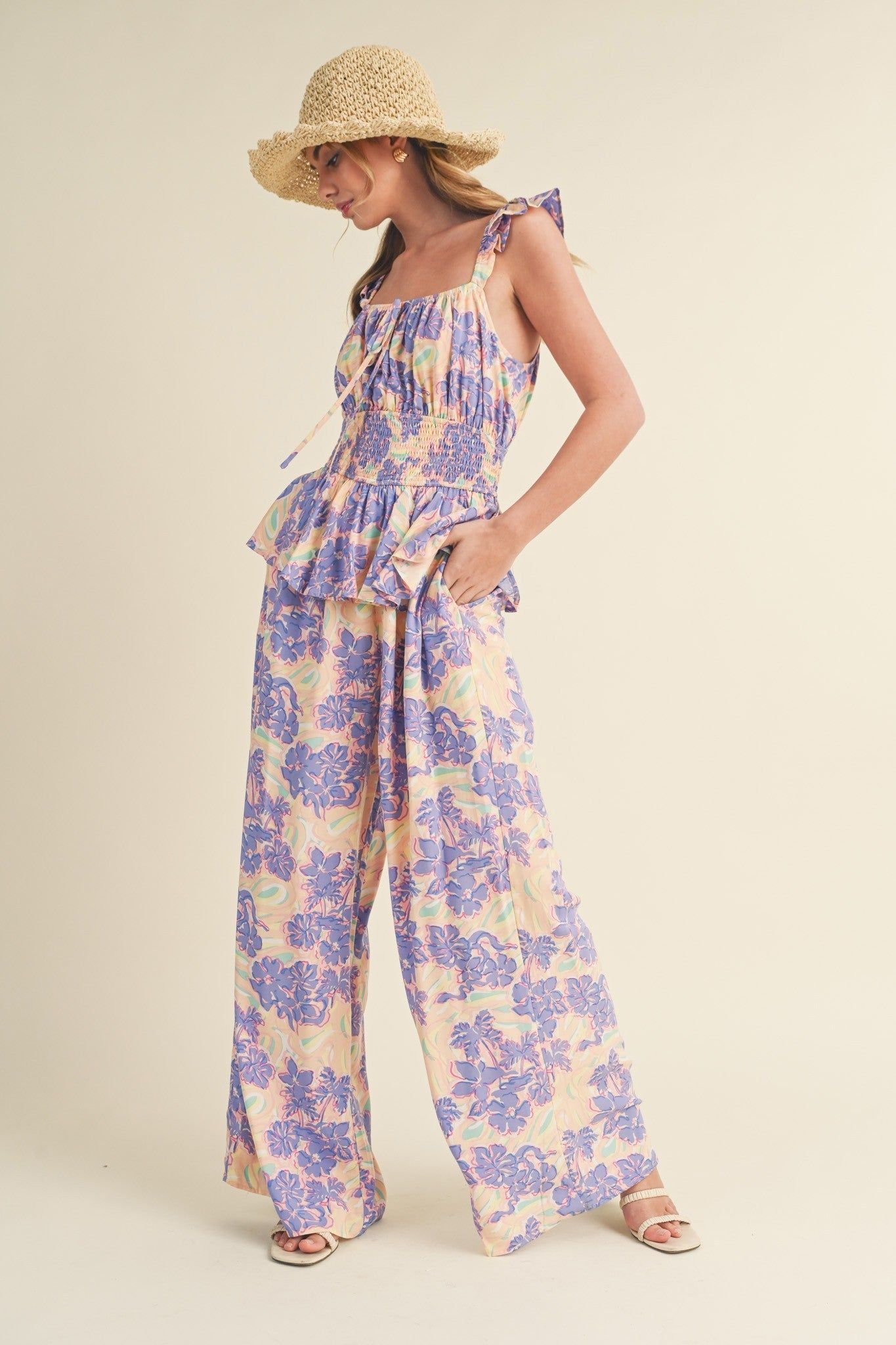 Lavender Floral Smocked Bodice Wide Leg Jumpsuit sold by Pinkblush