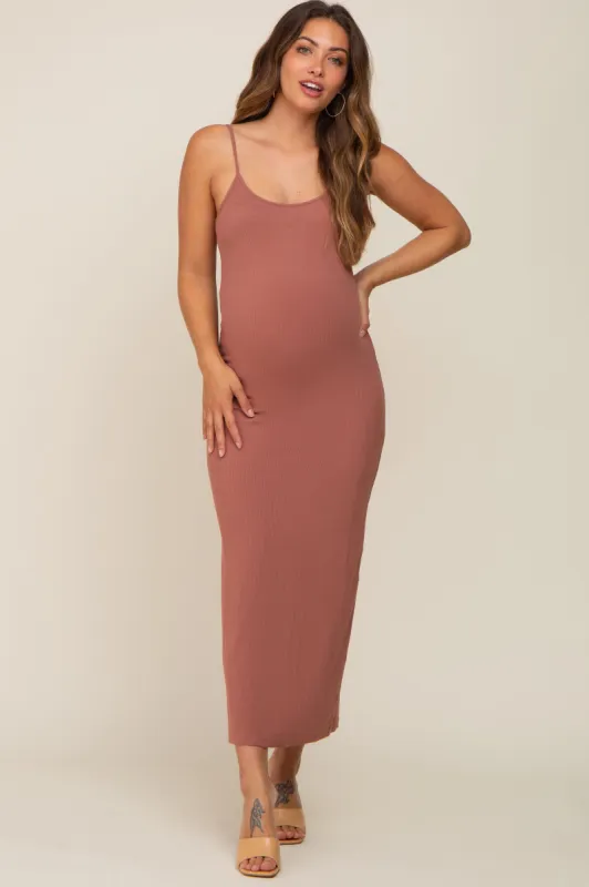Mauve Ribbed Basic Maternity Midi Dress sold by Pinkblush