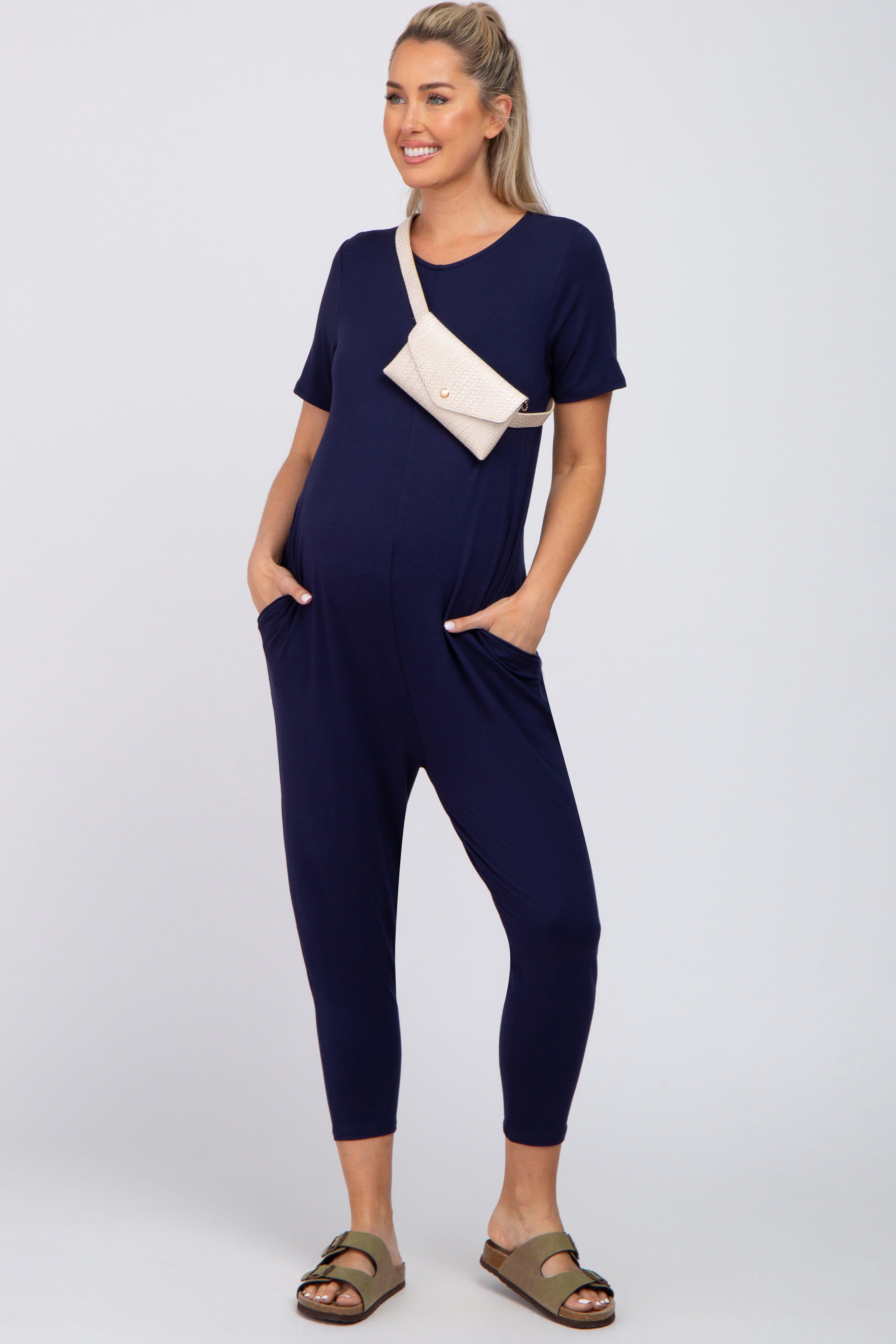 Navy Blue Basic Short Sleeve Maternity Jumpsuit sold by Pinkblush