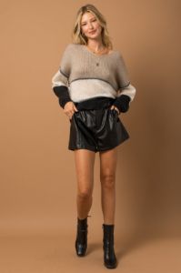 Taupe Black Metallic Striped V Neck Sweater sold by Pinkblush