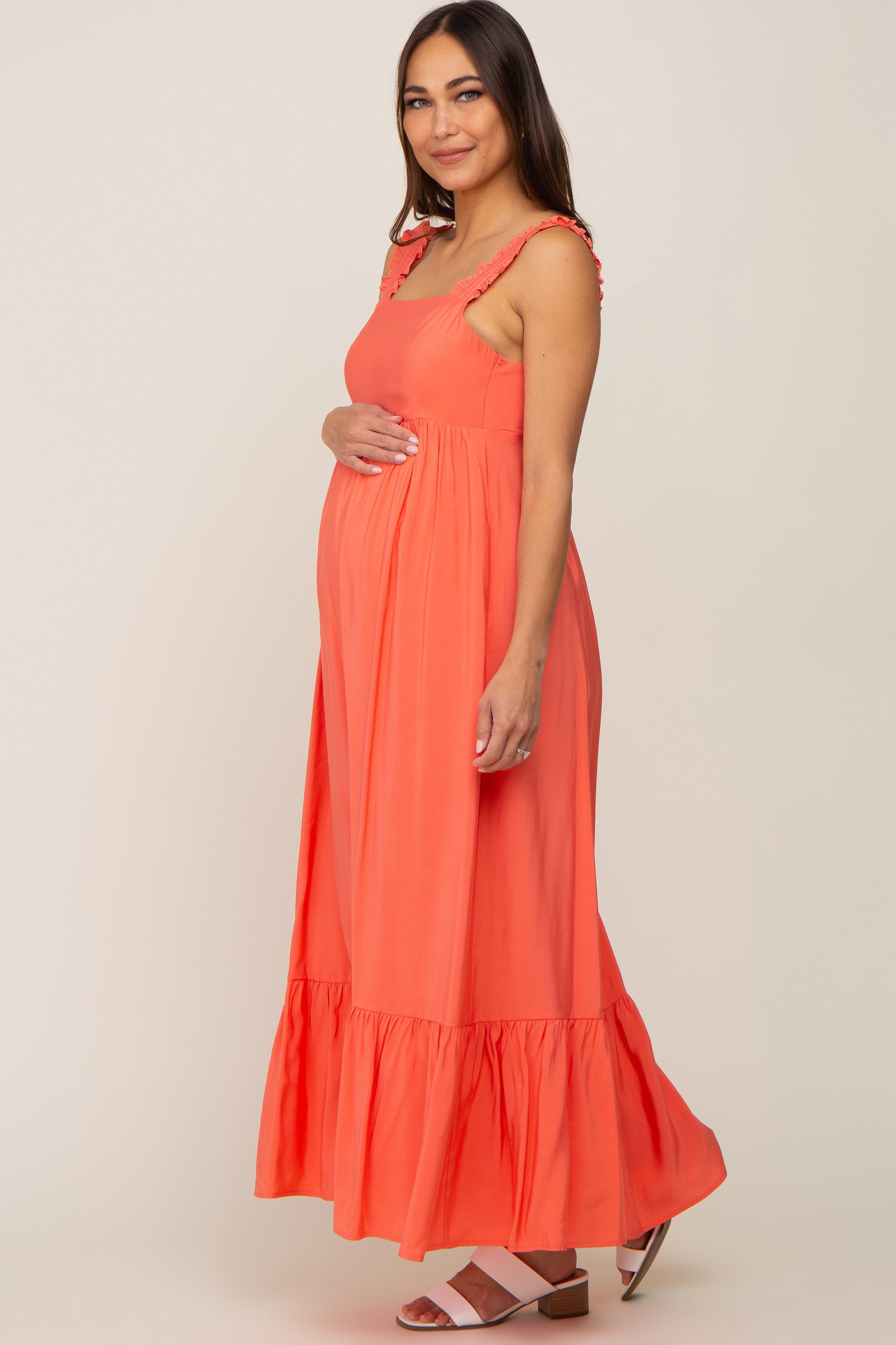 Coral Sleeveless Ruffe Hem Maternity Maxi Dress sold by Pinkblush product image thumbnail 2