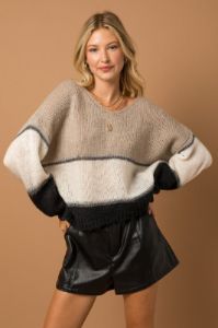 Taupe Black Metallic Striped V Neck Sweater sold by Pinkblush