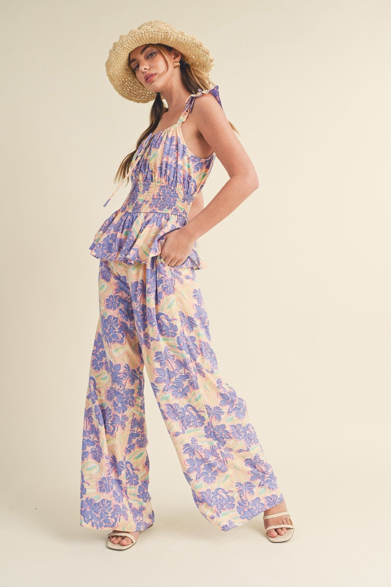 Lavender Floral Smocked Bodice Wide Leg Jumpsuit sold by Pinkblush product image thumbnail 2